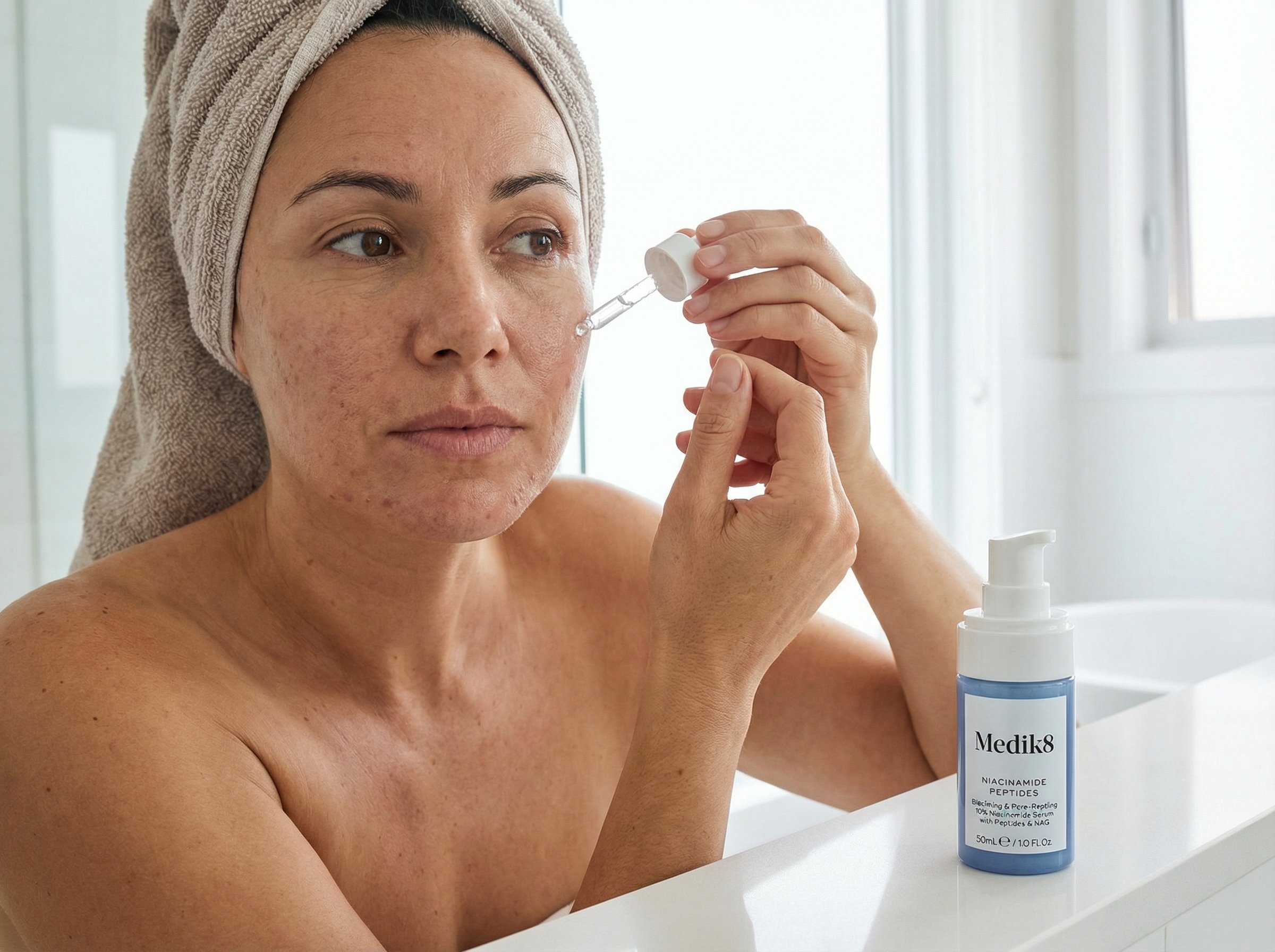Woman applying niacinamide serum with dropper as part of barrier-repair acne treatment routine