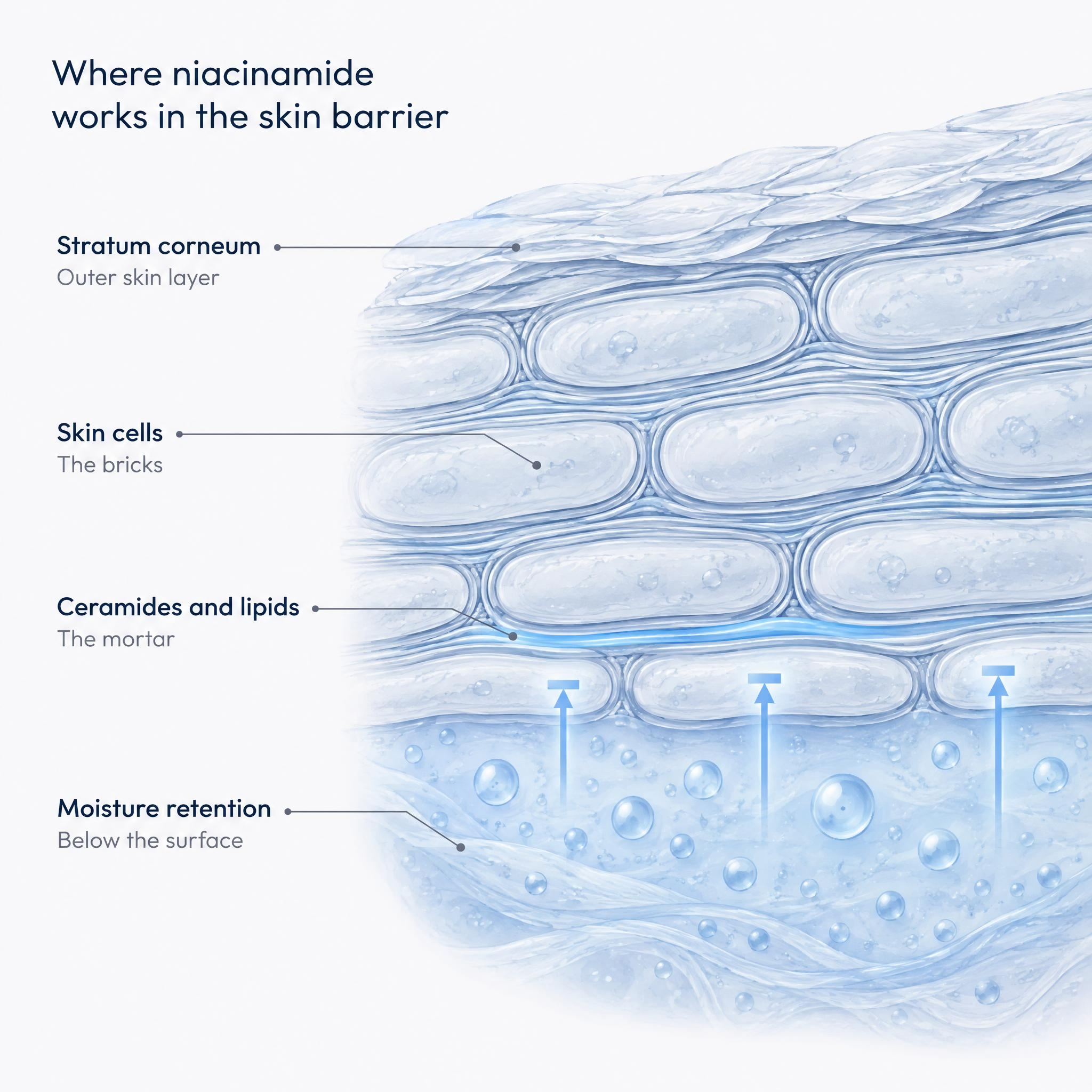 Cross-section illustration of the skin barrier showing skin cells and lipid layers