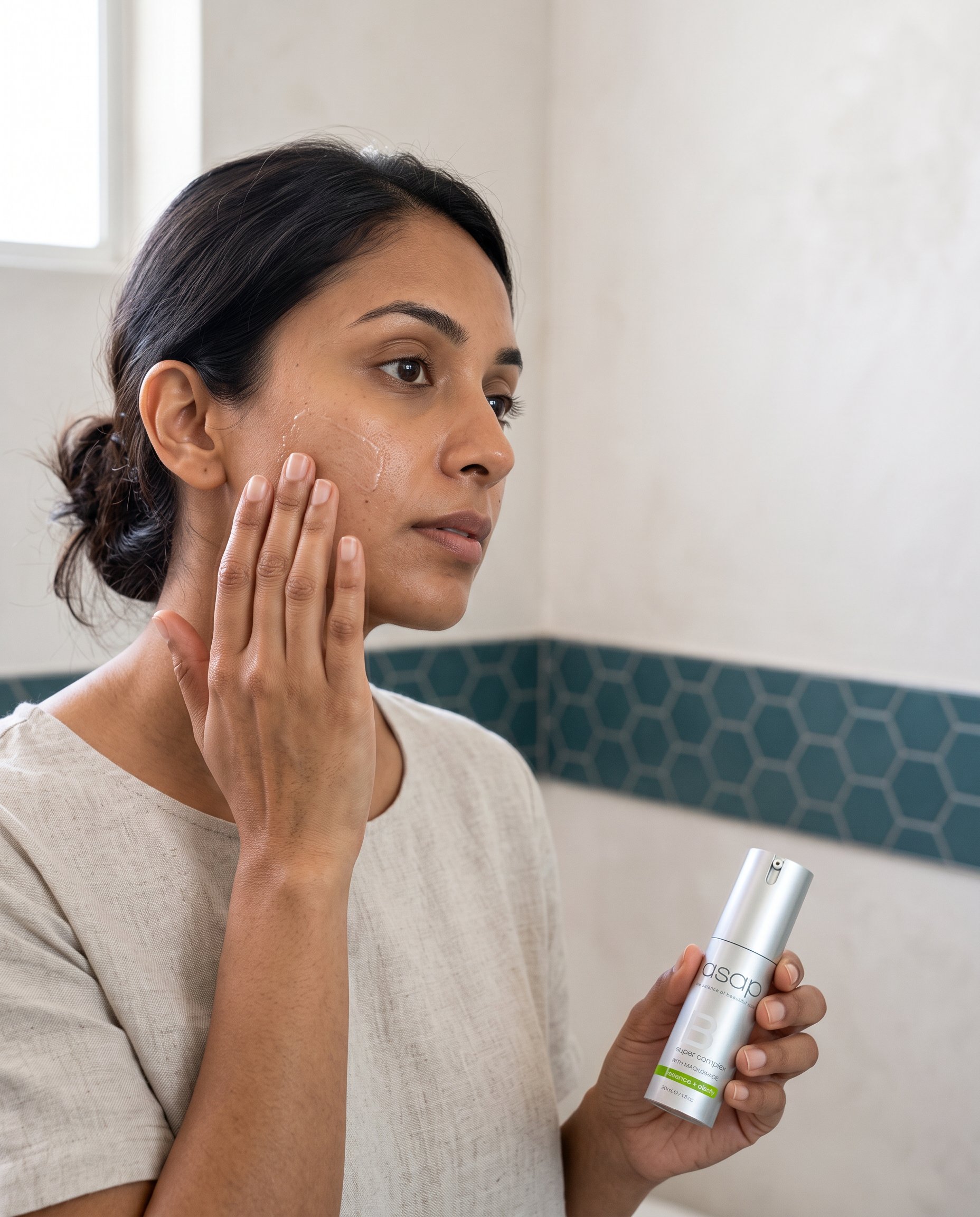 Person applying serum to the face as part of a skincare routine