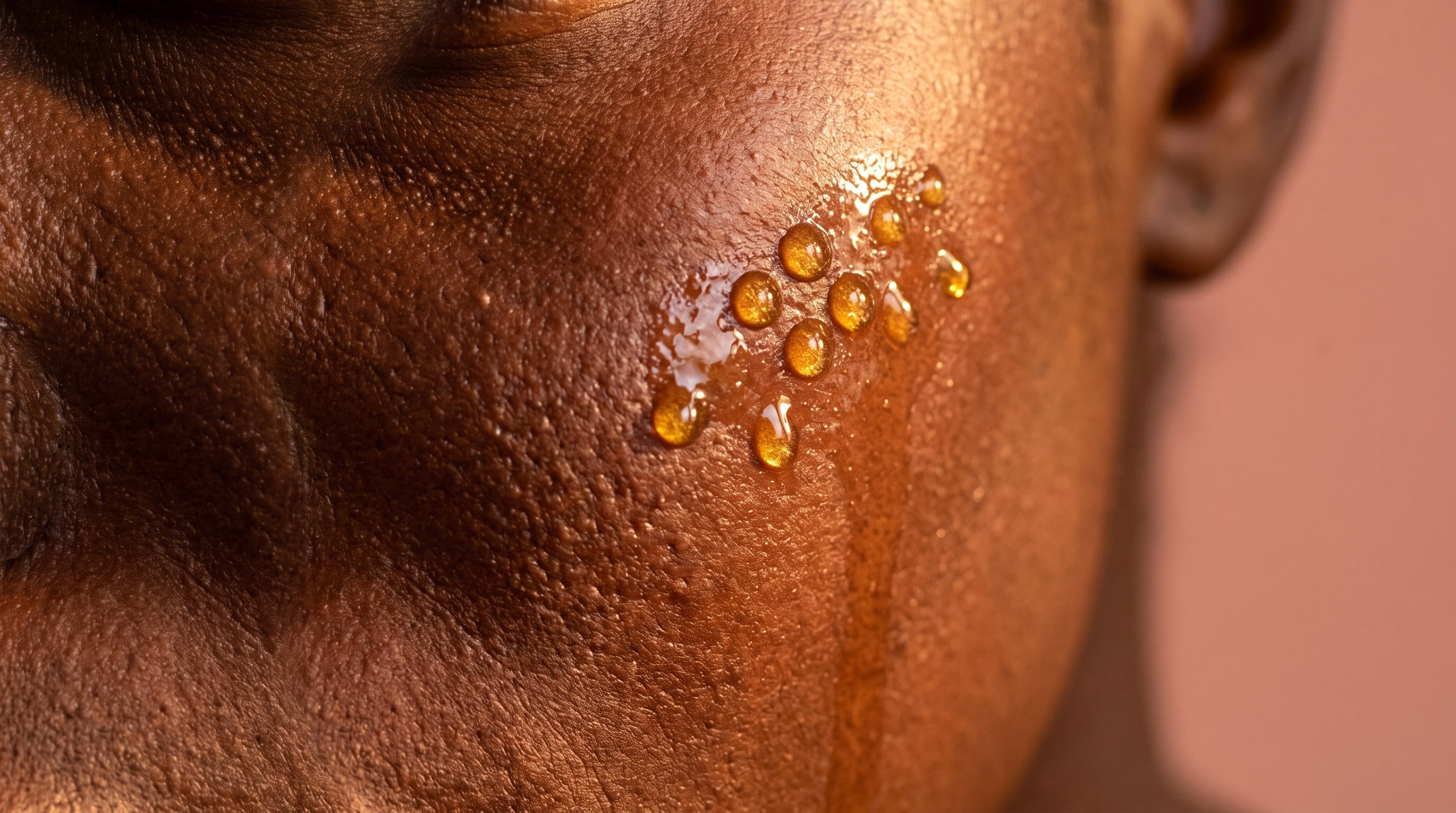 Macro shot of golden oil droplets absorbing into skin texture