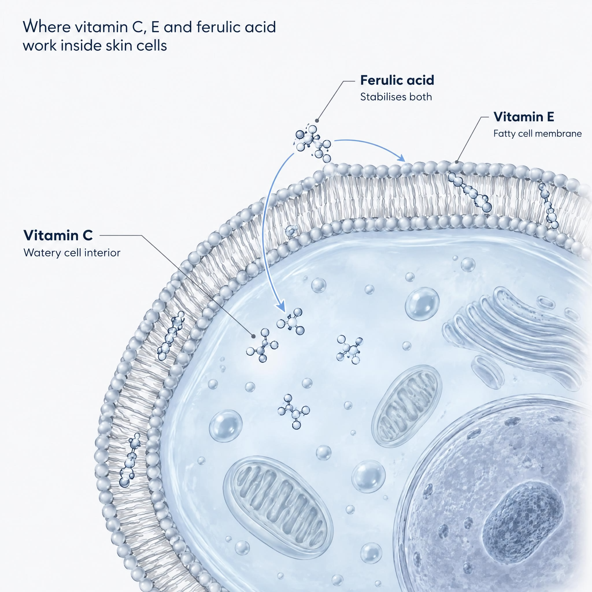 Diagram of a skin cell showing where vitamin C, vitamin E and ferulic acid each act