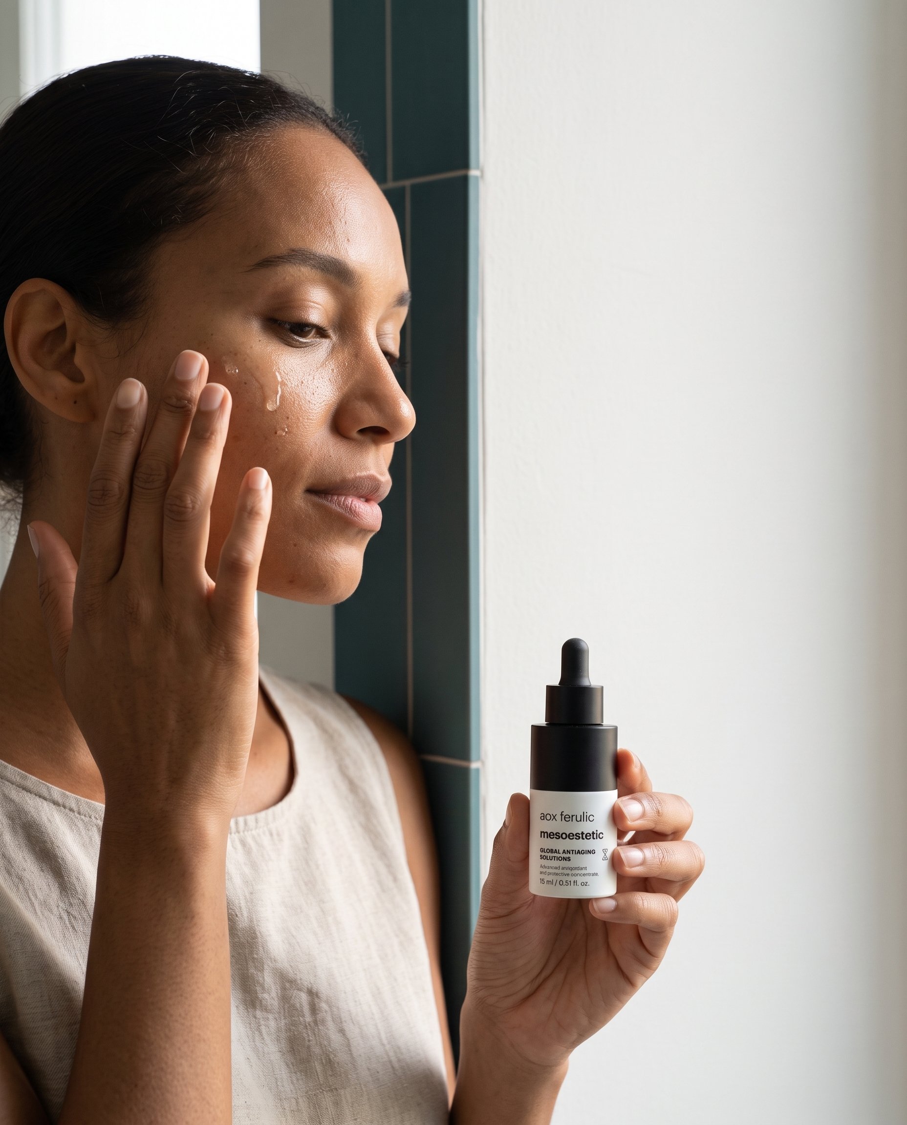 Person applying serum to their face during a morning skincare routine