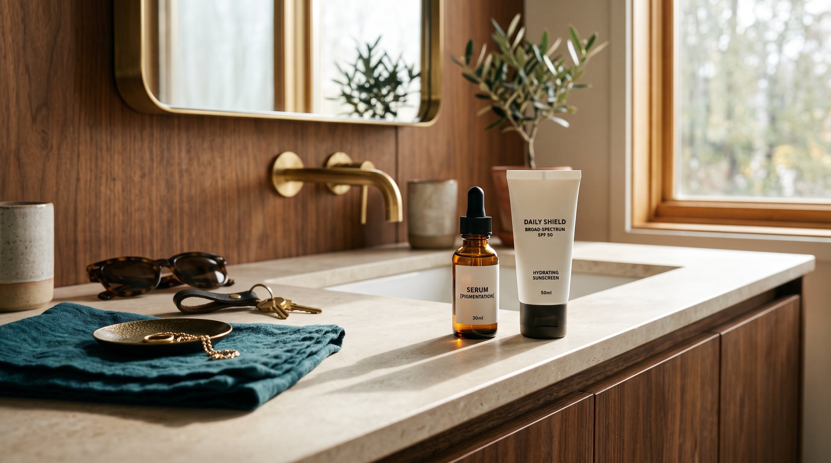 A pigmentation serum placed beside a broad-spectrum sunscreen on a bathroom counter, suggesting a daily pairing.