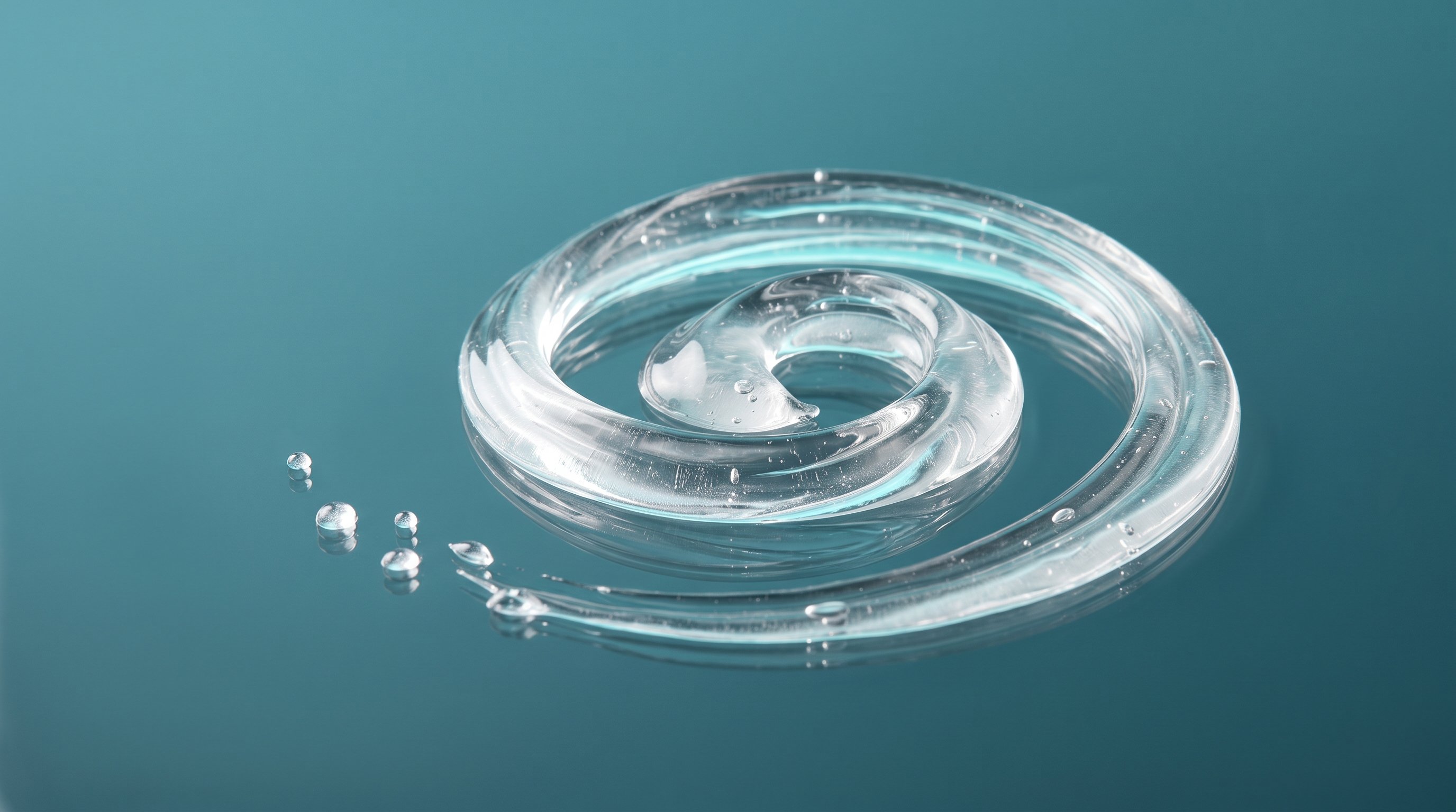 Macro close-up of a clear serum texture, representing a tranexamic acid-based pigmentation treatment.