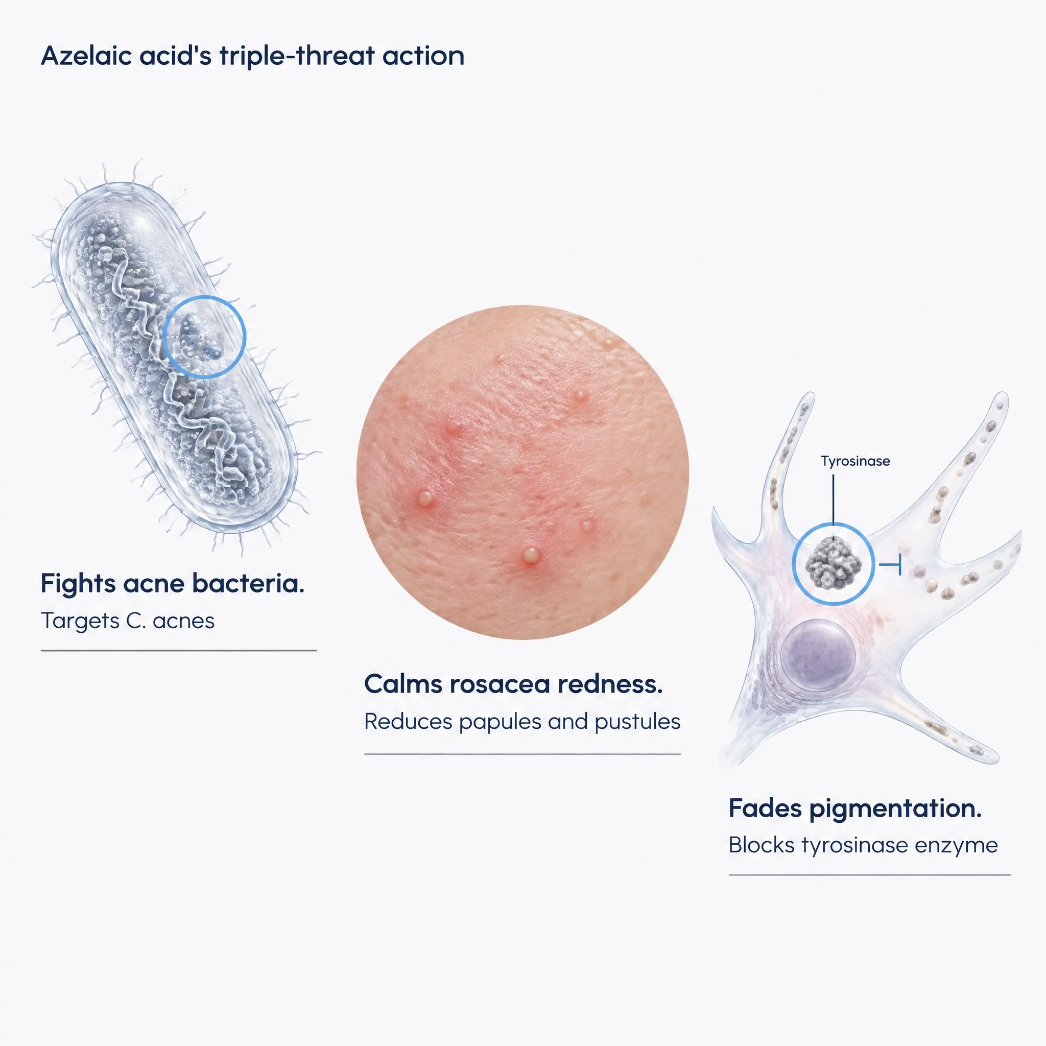Diagram of azelaic acid's three actions on acne bacteria, rosacea and pigmentation