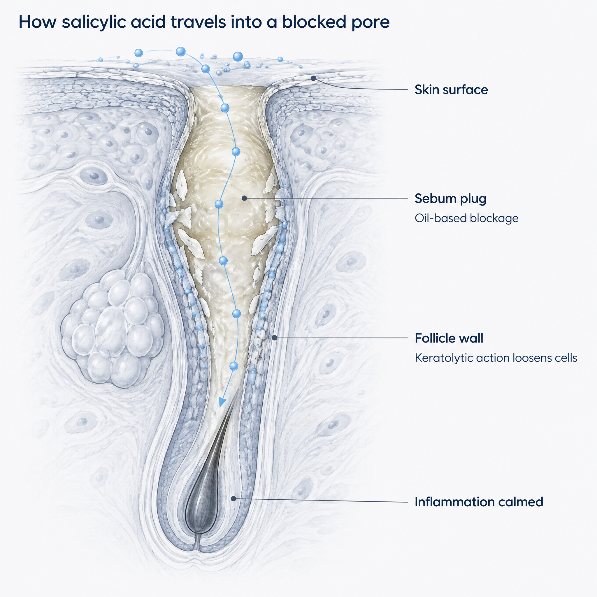 Cross-section diagram of salicylic acid moving through a blocked pore