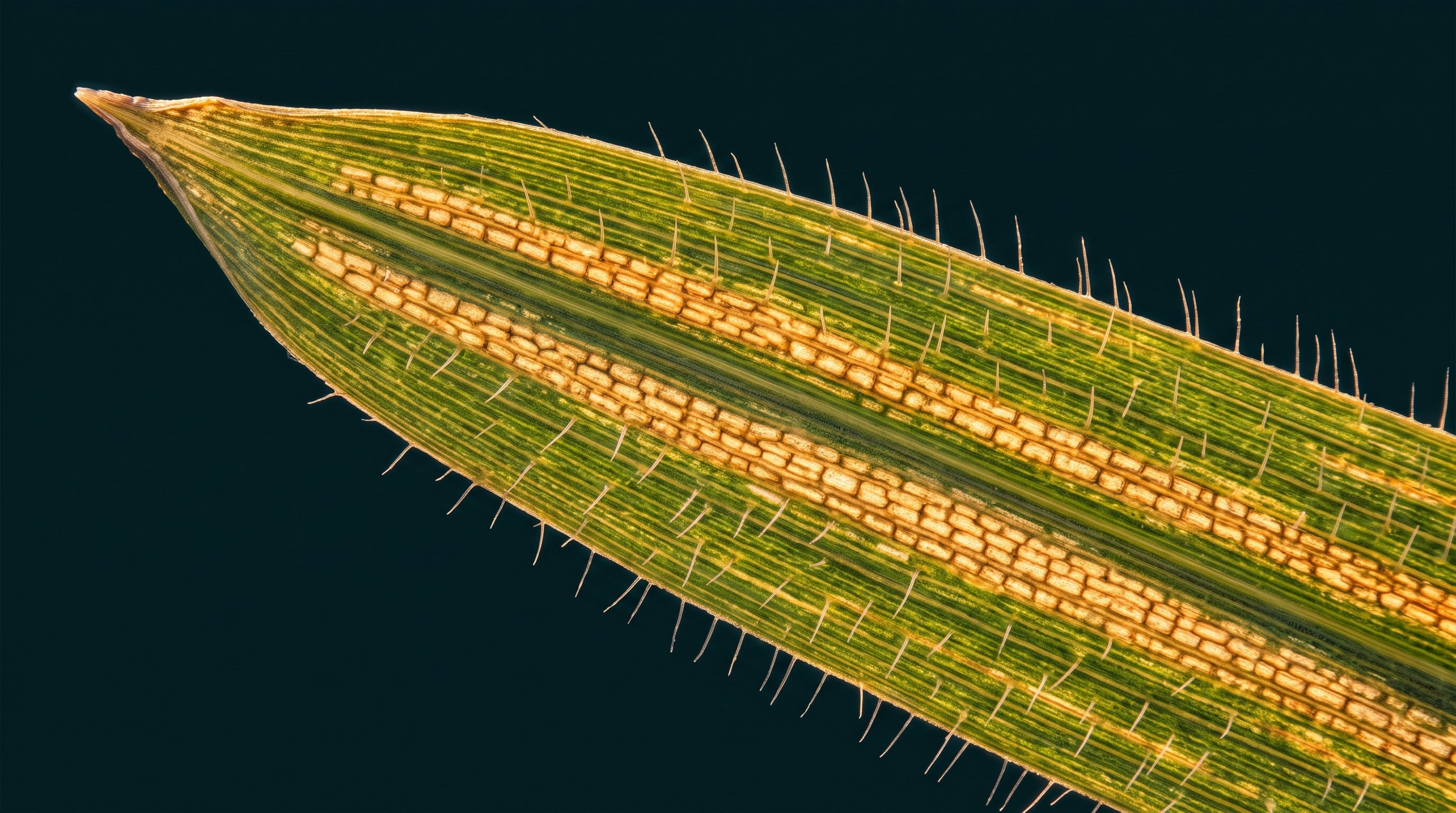 Macro close-up of a tiger grass leaf showing its detailed vein structure
