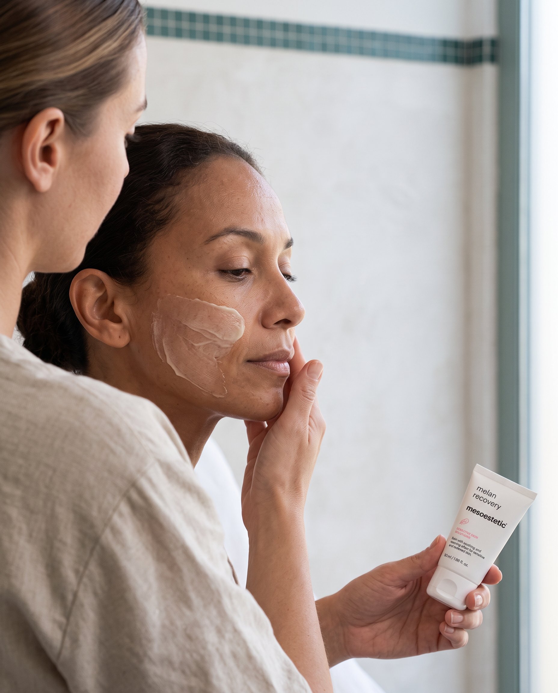Skin therapist applying mesoestetic Melan Recovery cream to a client's face in clinic