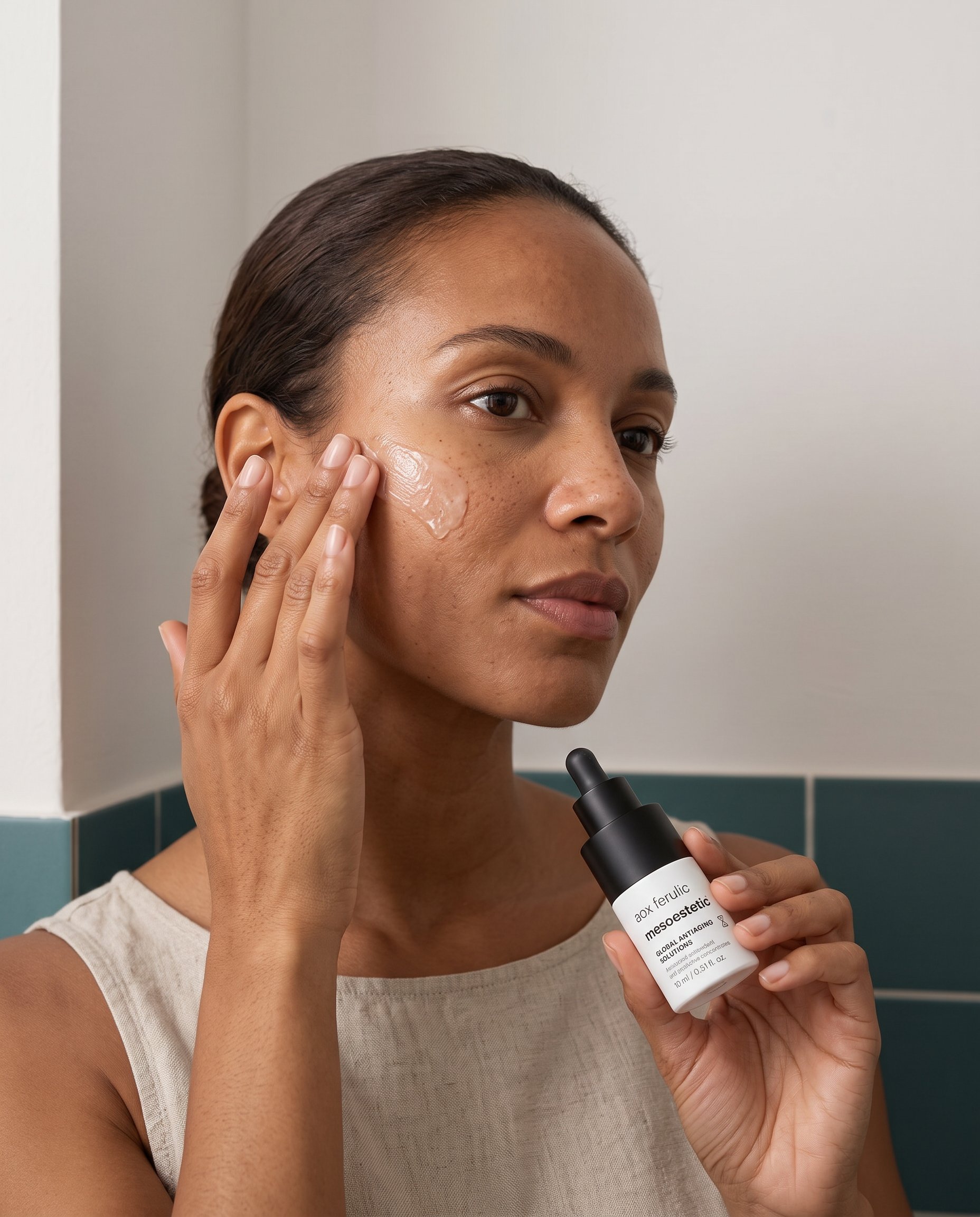 Applying antioxidant serum after cleansing and before sunscreen in a morning routine