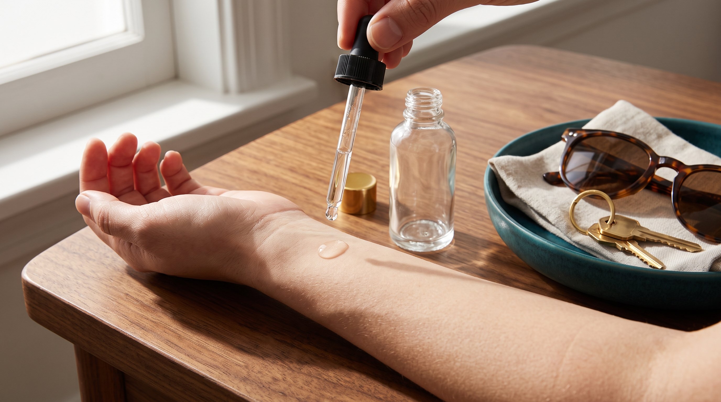 Person patch testing an exfoliating acid serum on the inner arm