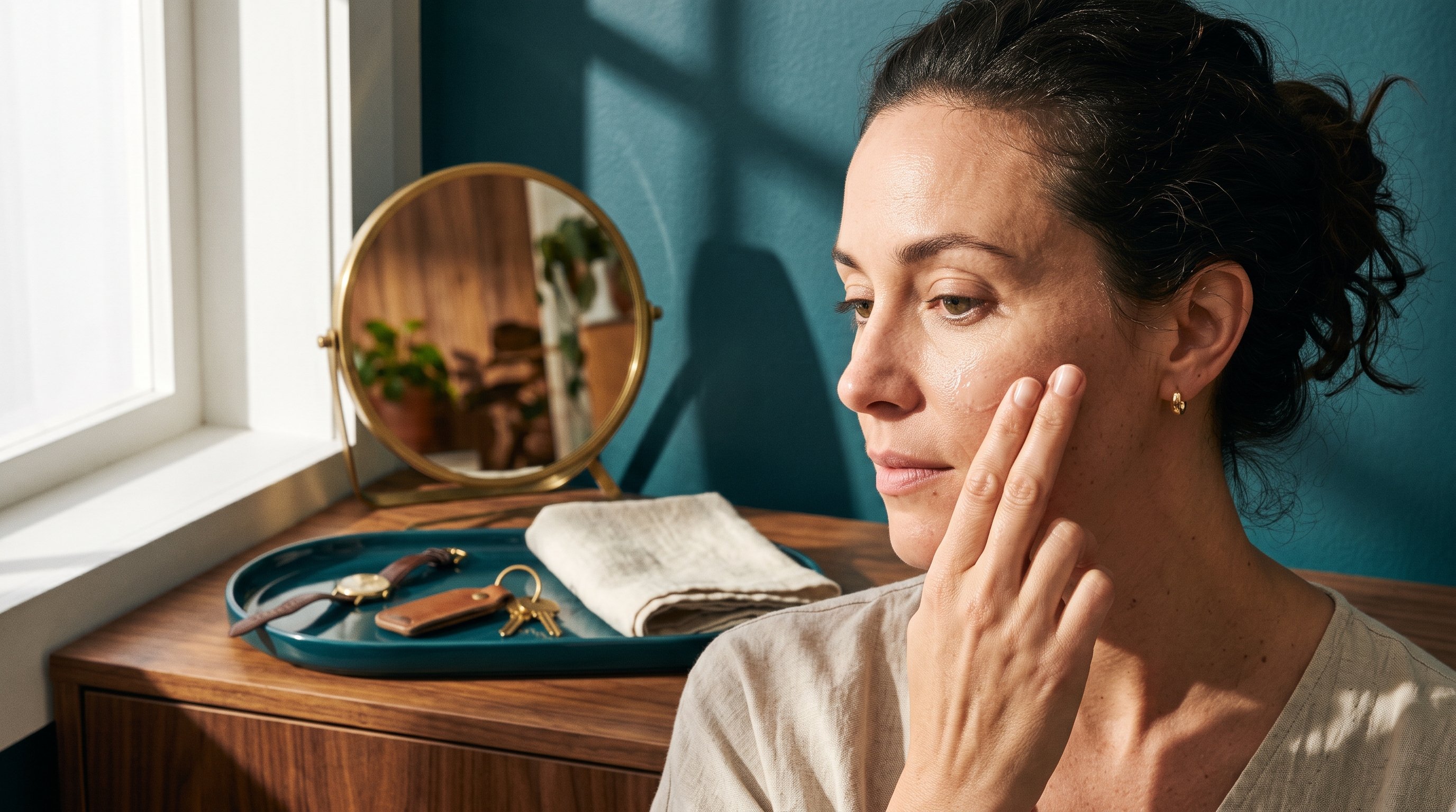 Person applying a peptide serum to the face as part of a morning skincare routine