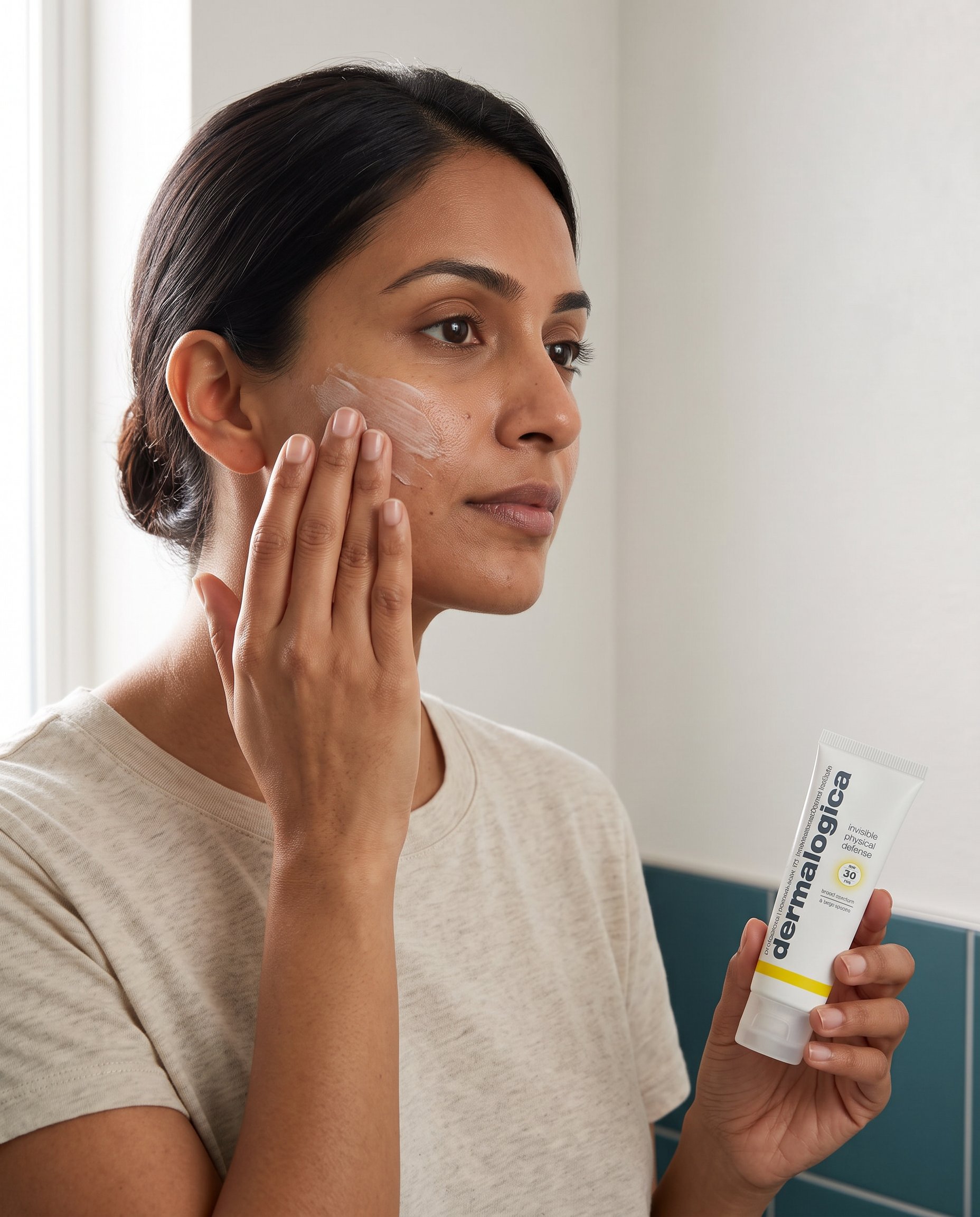 Person applying SPF sunscreen to their face as part of a morning skincare routine