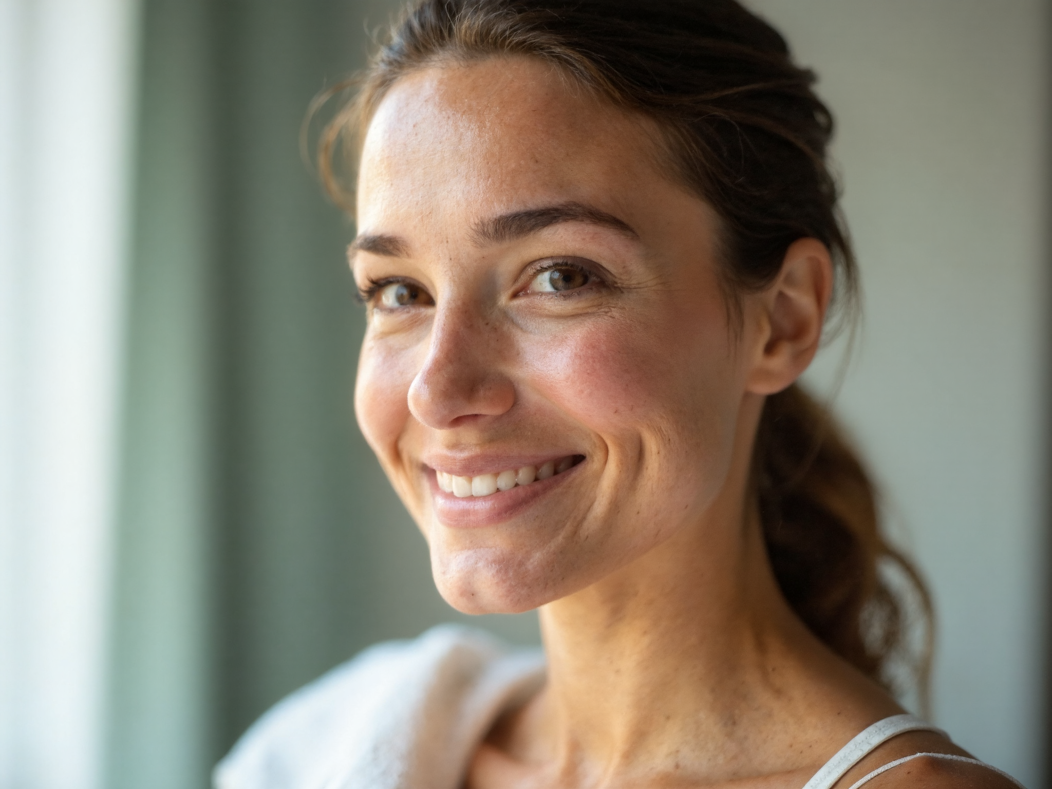 Close-up of woman's naturally glowing skin after exercise showing healthy circulation and post-workout flush