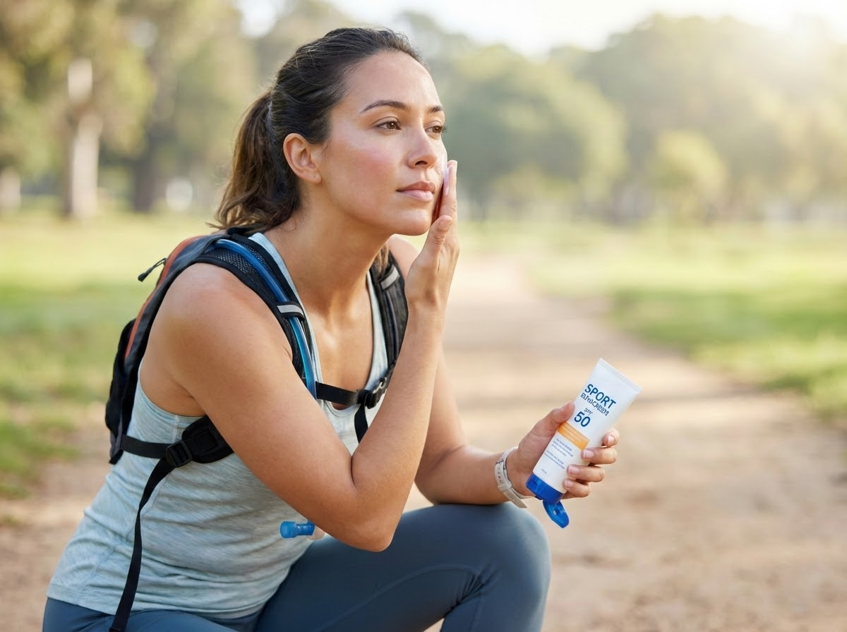 Woman applying sport sunscreen to her face before outdoor exercise to protect skin from UV damage