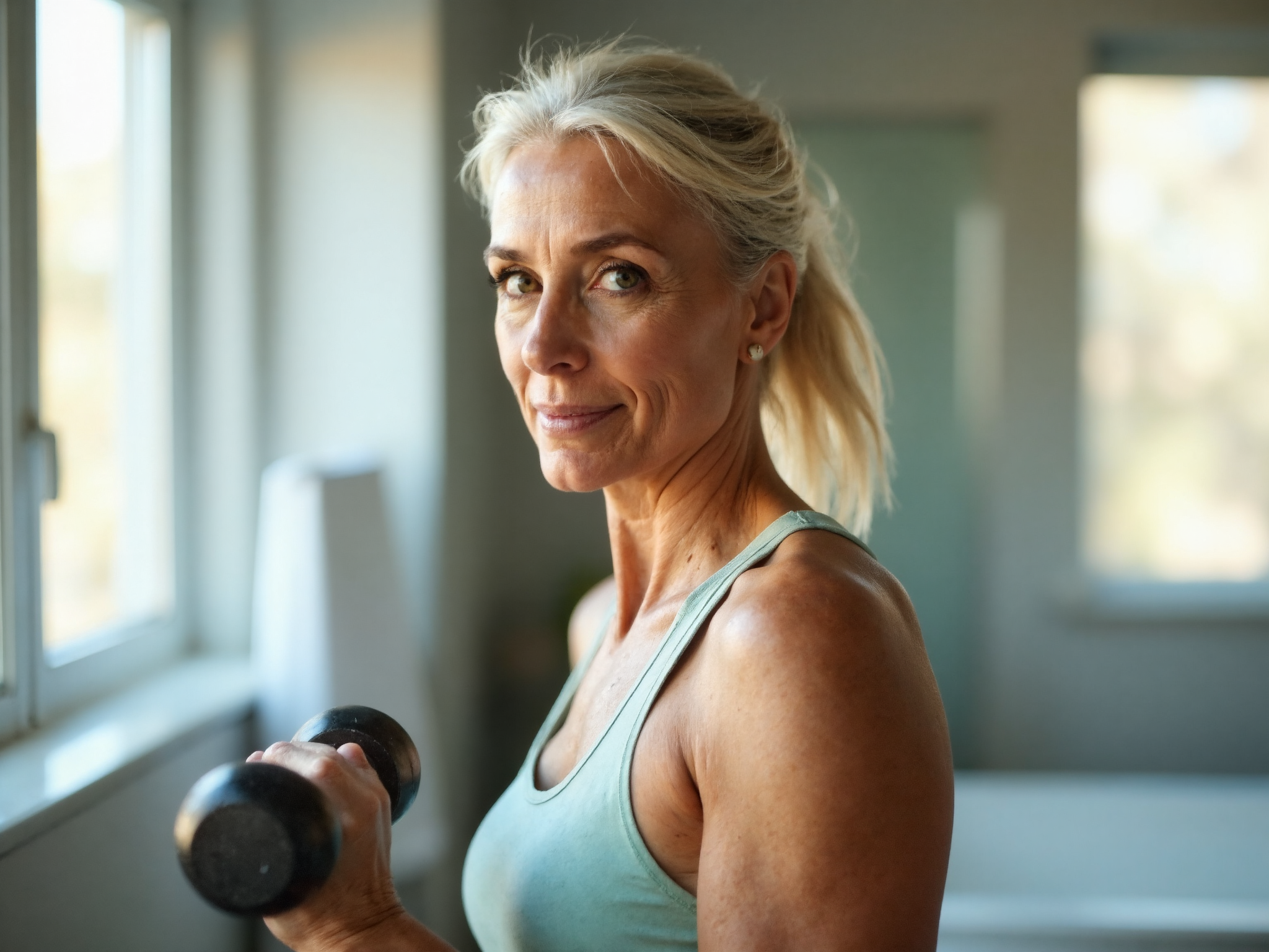 Woman in her 40s doing strength training with dumbbells showing proper exercise form for skin and overall health benefits
