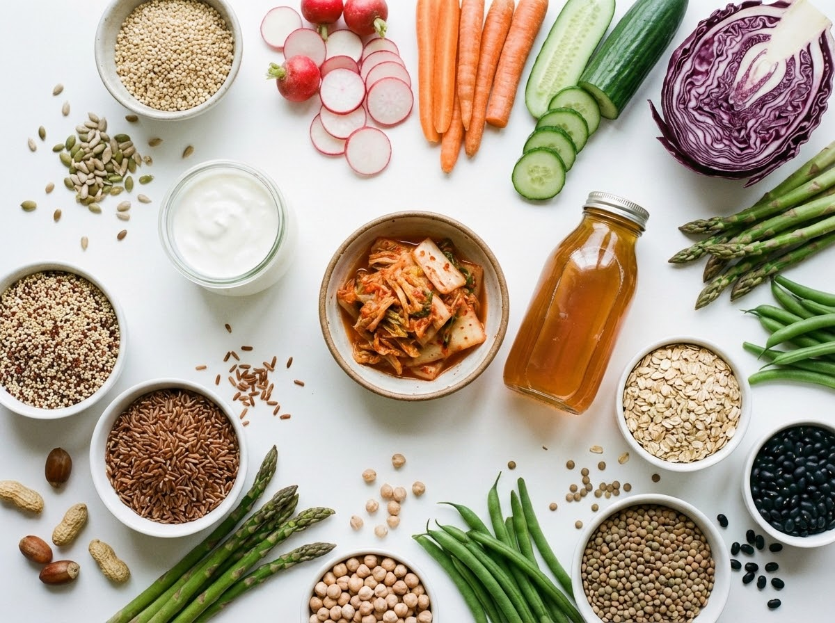 Overhead view of gut-healthy foods including fermented vegetables, yogurt, colorful produce, and whole grains arranged on white surface
