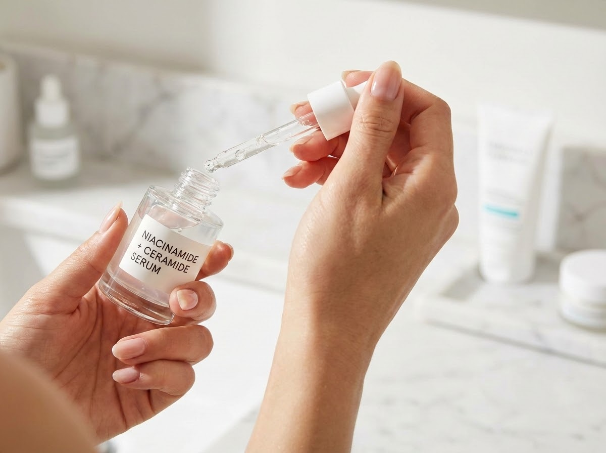 Close-up of hands applying facial serum, demonstrating gentle skincare application technique