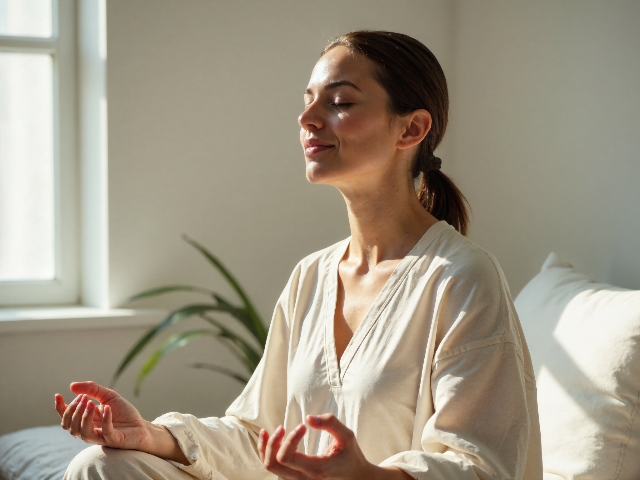 Woman in her late twenties meditating with eyes closed in peaceful, naturally lit space