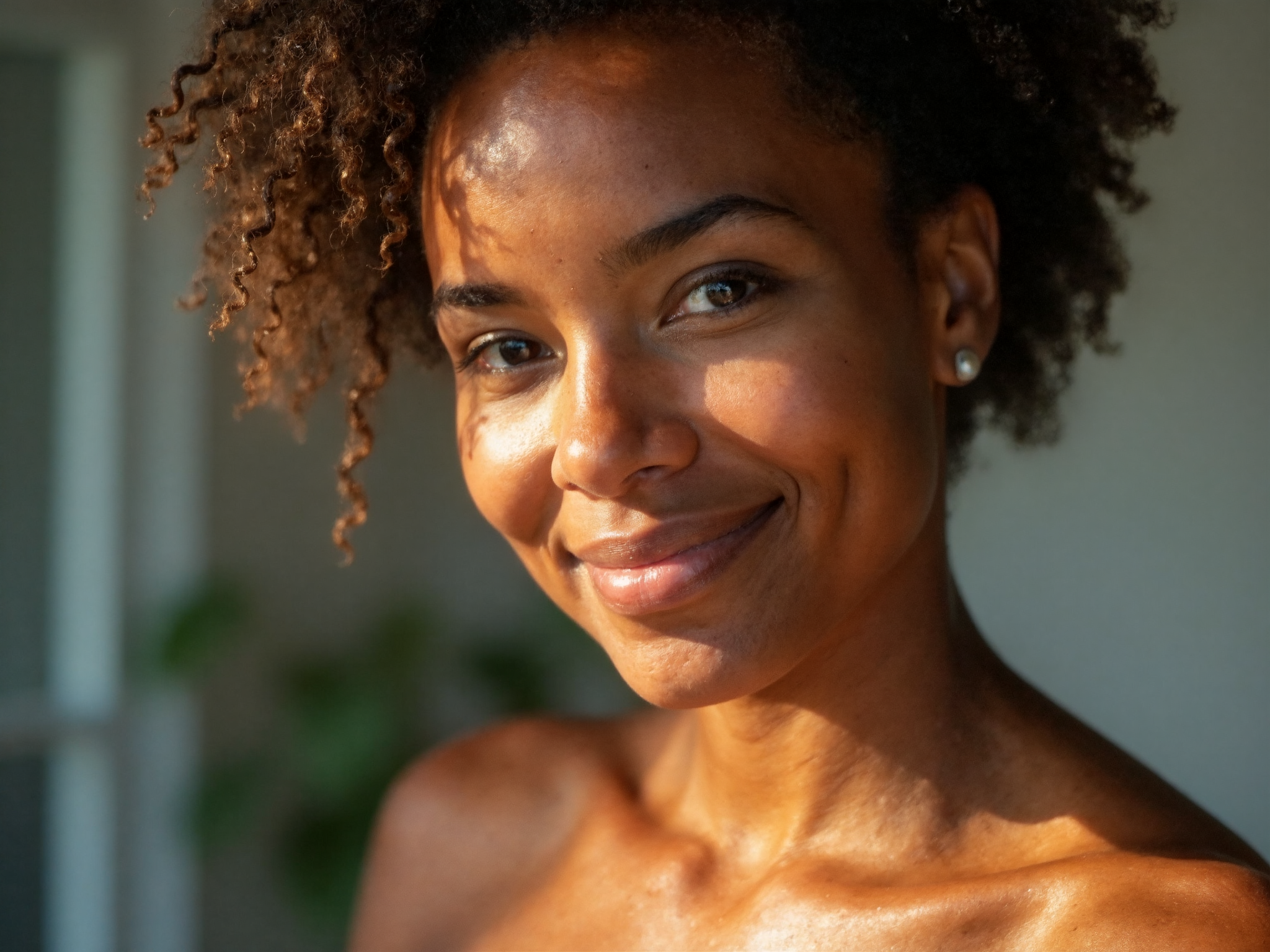 Close-up of healthy skin on woman's cheek in her early thirties showing smooth texture and natural glow