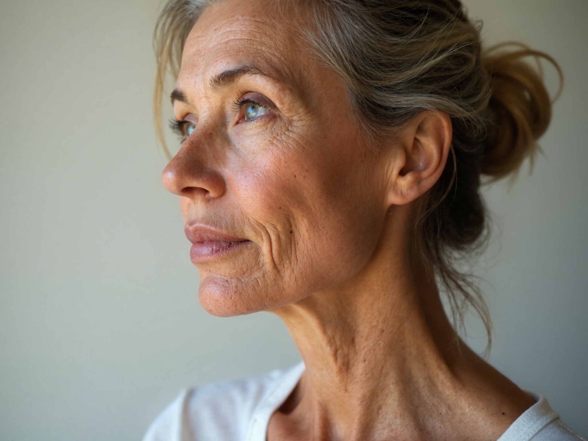 Side profile of woman in her forties showing natural fine lines and skin texture in soft lighting