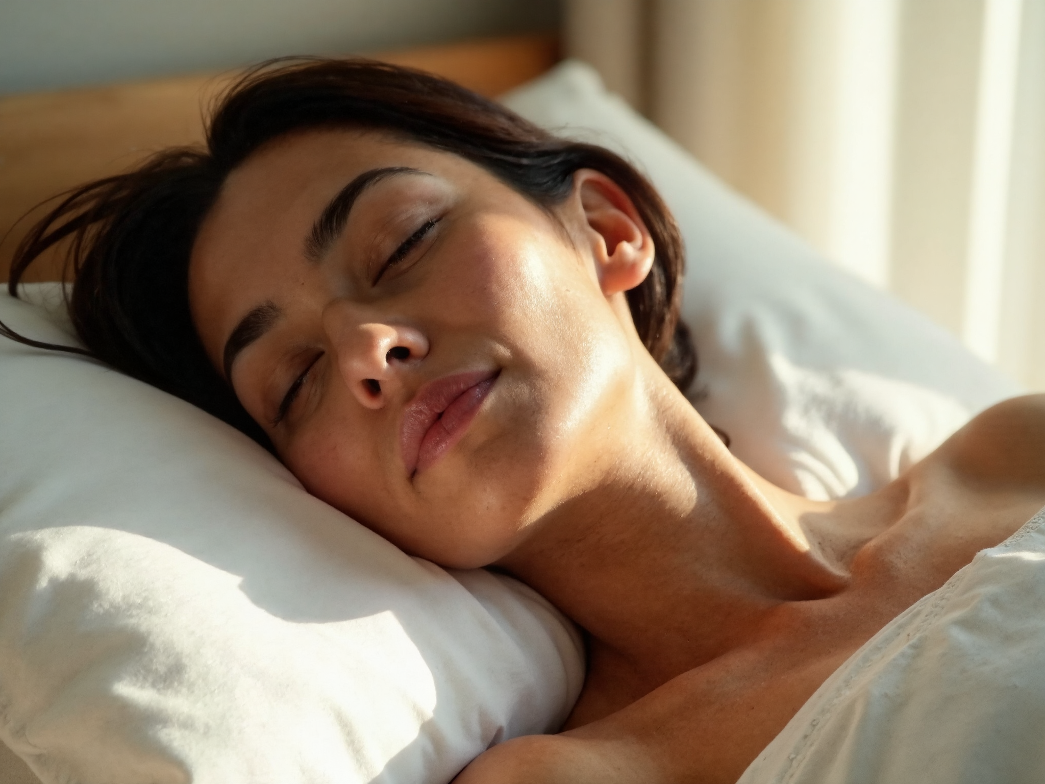 Woman sleeping peacefully on white pillow in soft morning light, showing the overnight collagen synthesis and repair window