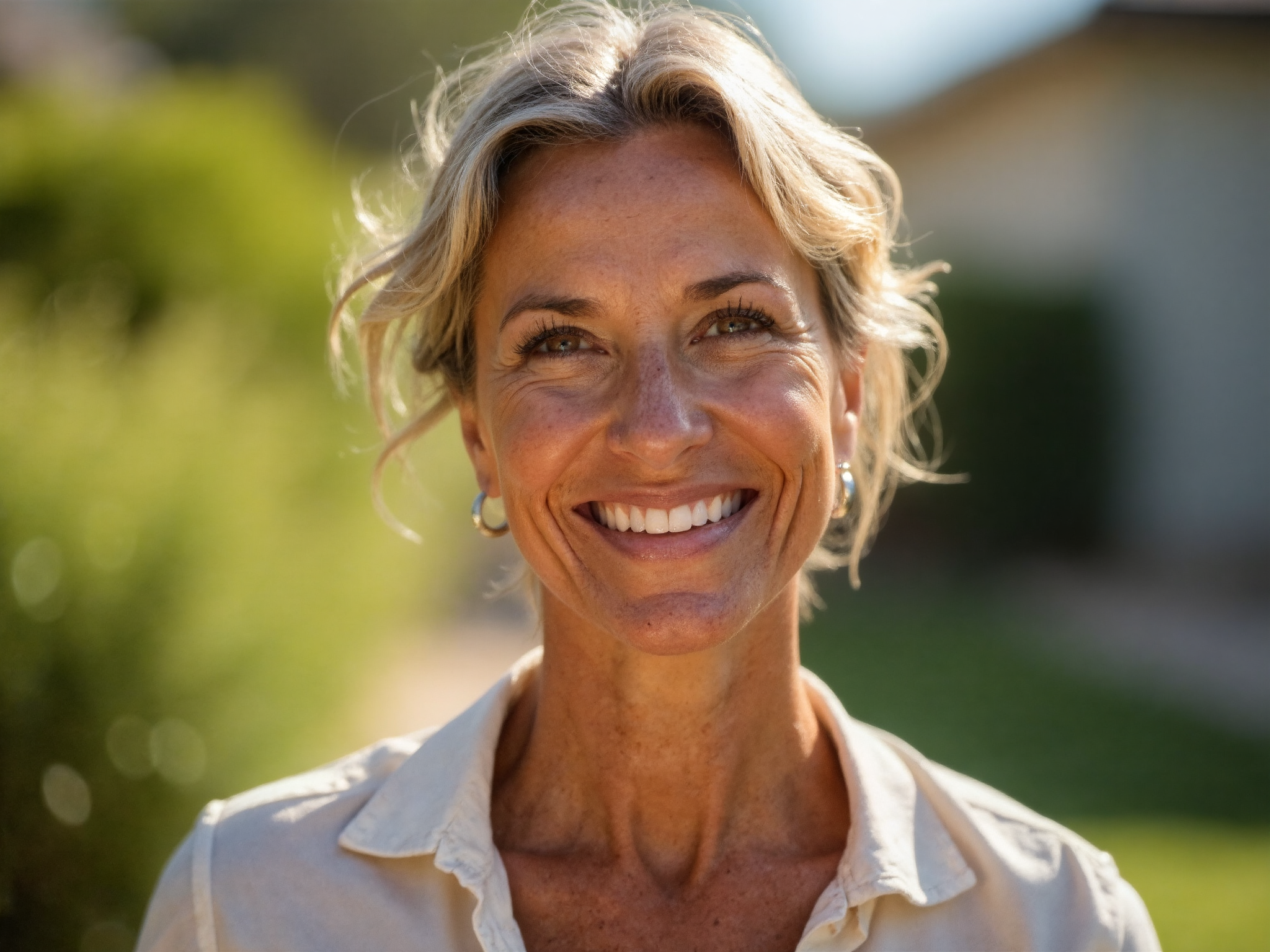 Woman in her mid-40s with healthy, protected skin outdoors in natural sunlight, wearing SPF