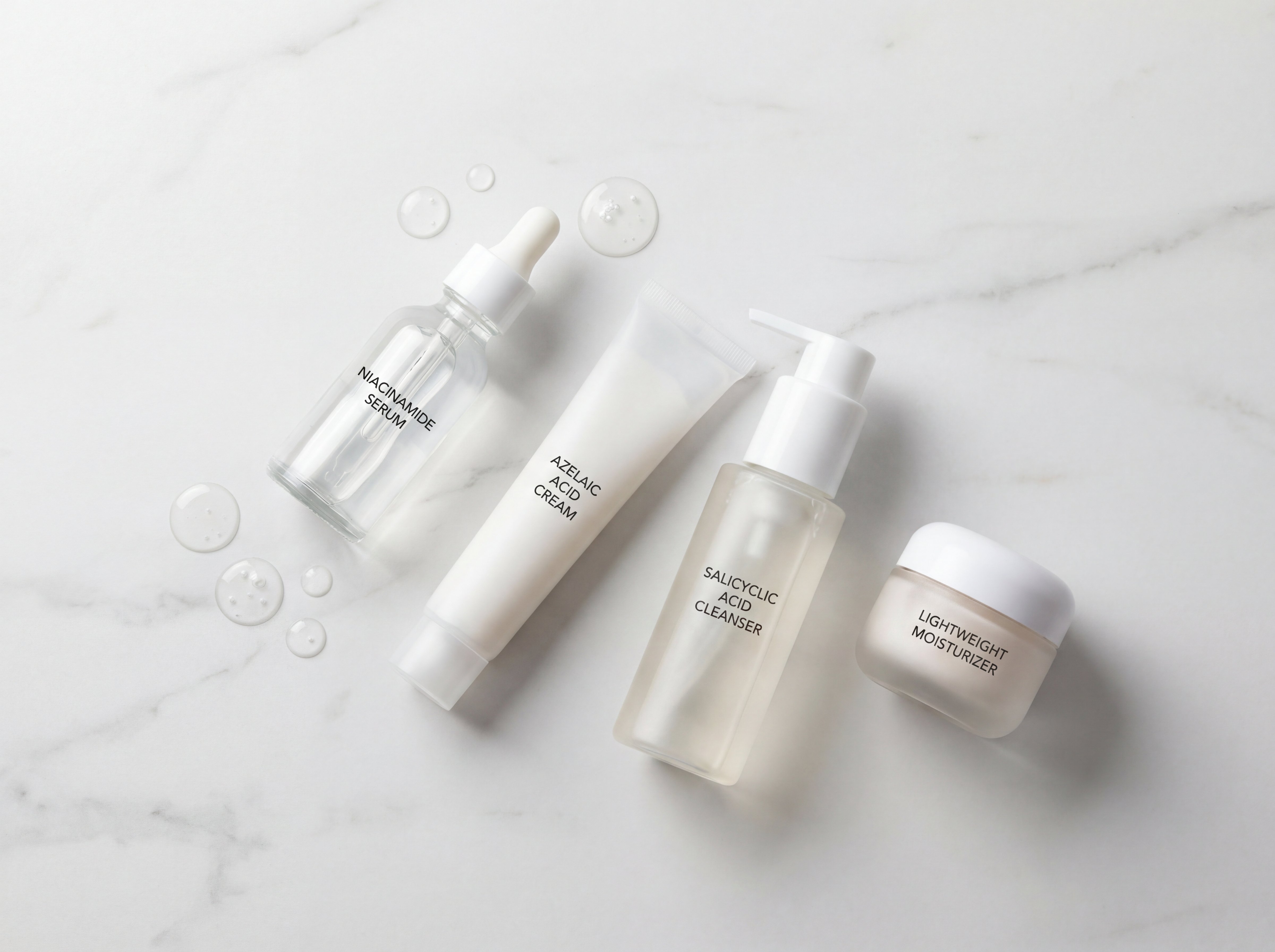 Flatlay of anti-inflammatory skincare products including niacinamide serum, azelaic acid treatment, and salicylic acid cleanser on marble surface