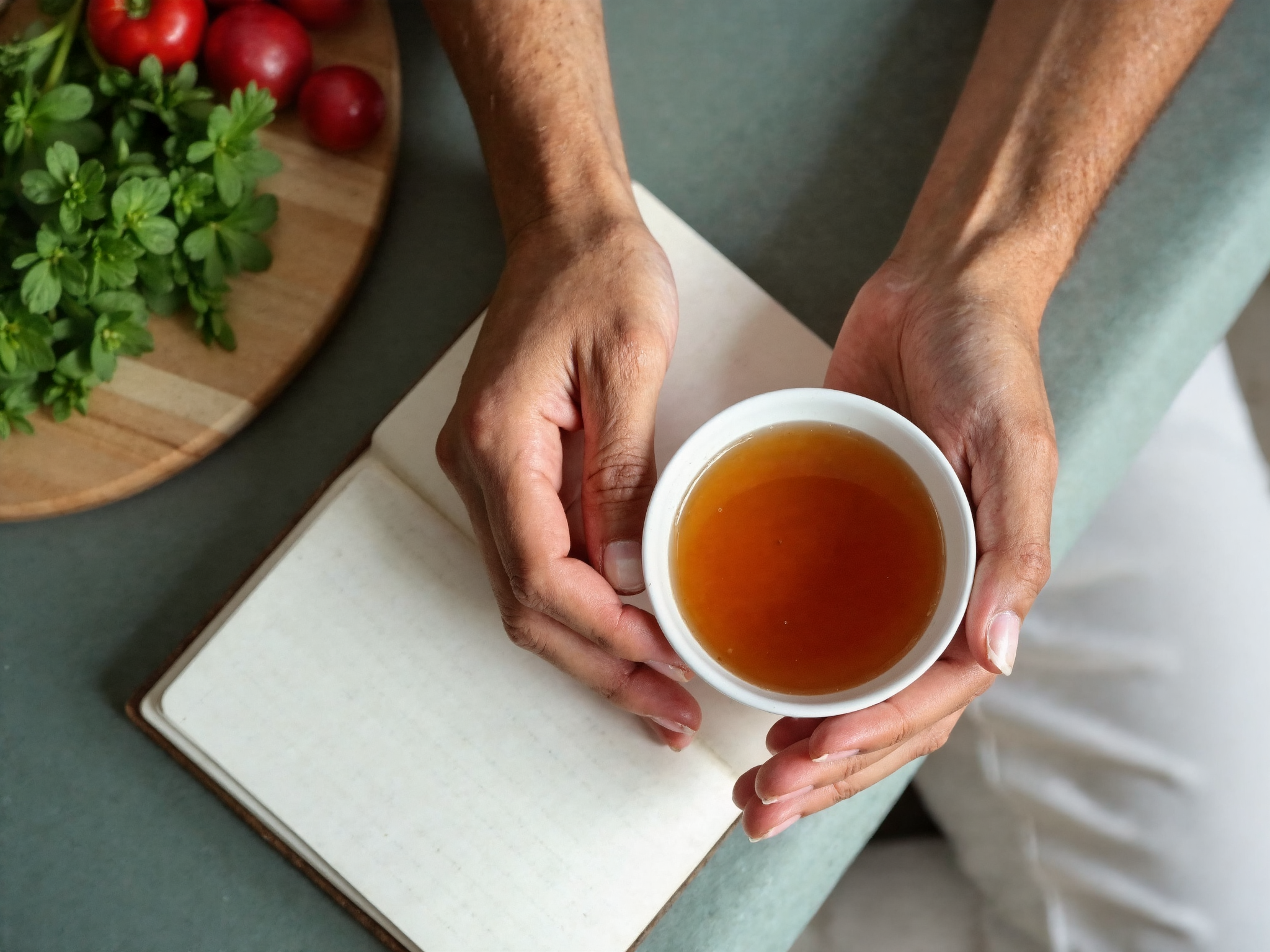 Overhead view of healthy lifestyle elements including herbal tea, journal, fresh vegetables, and yoga mat representing holistic acne management