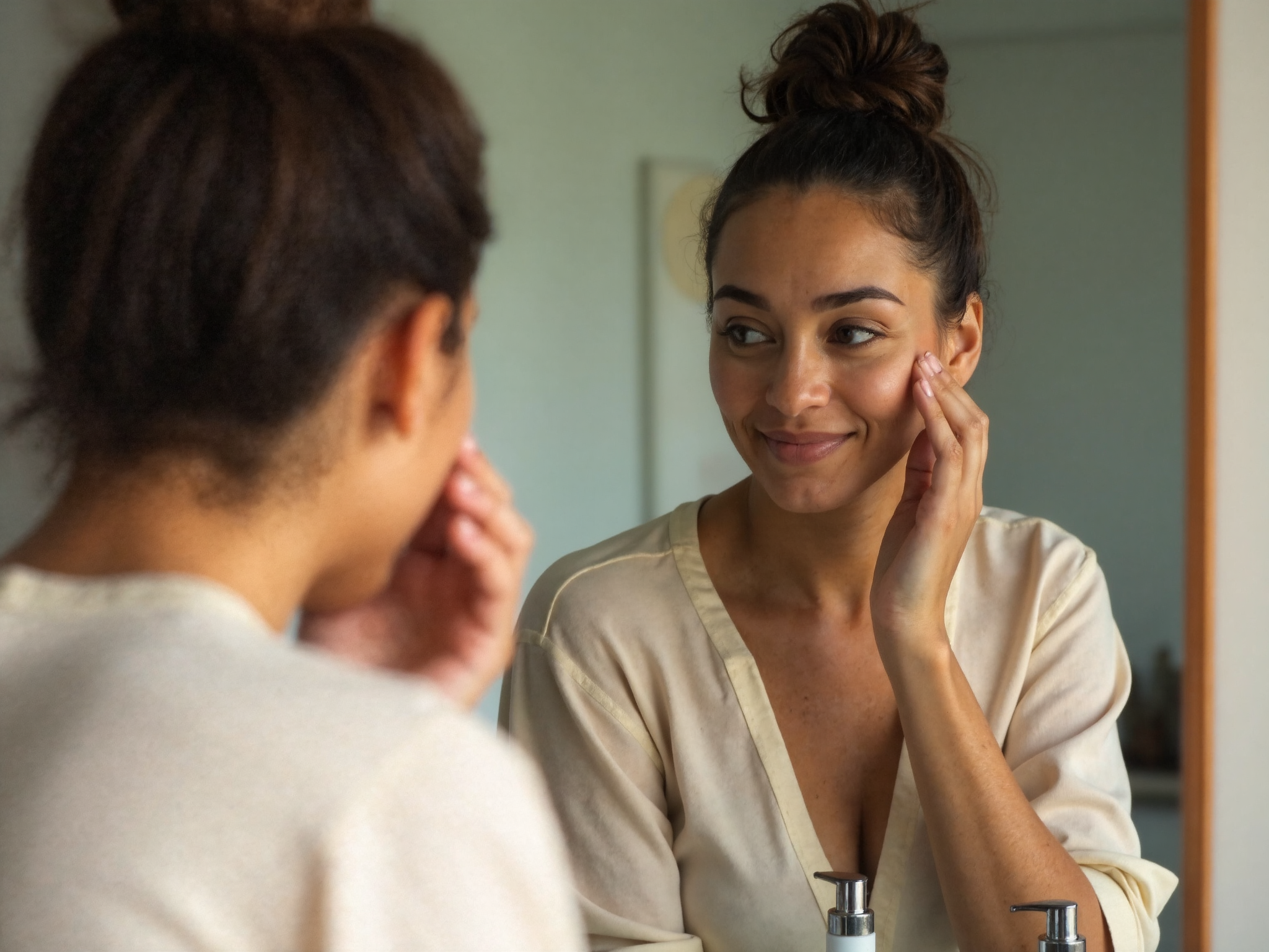 Woman applying niacinamide serum to her face in bathroom with natural morning light, product bottle visible on counter