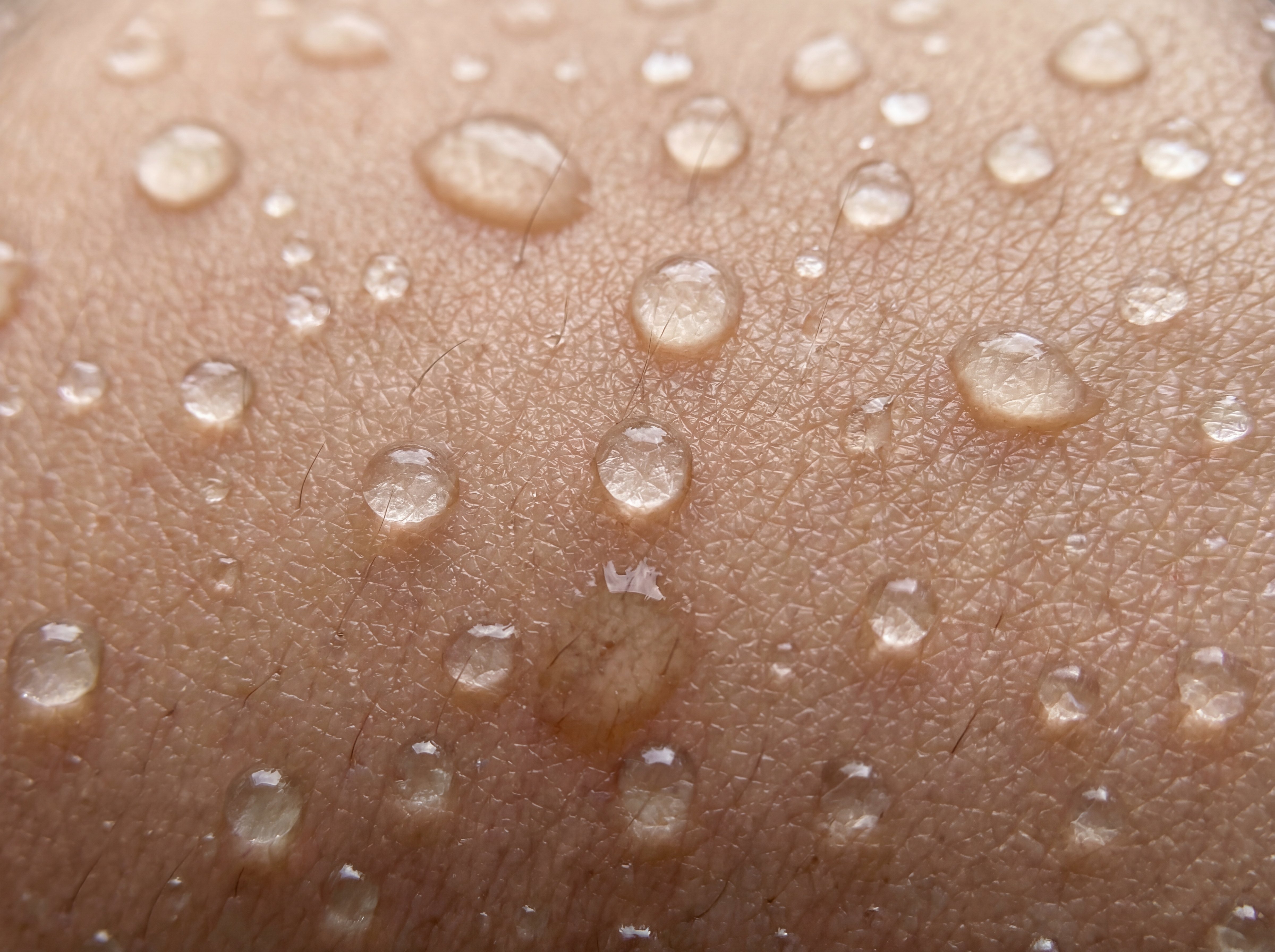 Macro close-up photograph of water droplets on skin surface showing moisture absorption and skin hydration