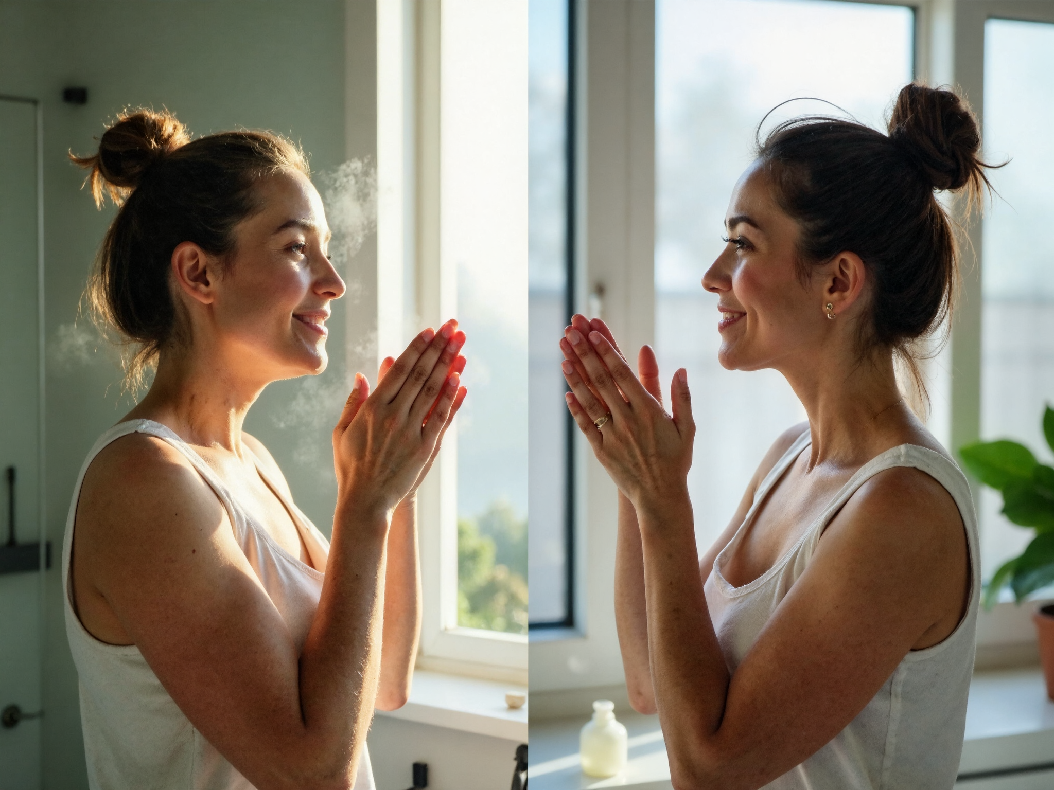 Split comparison image showing woman applying skincare in humid bathroom environment versus dry air-conditioned room with humidifier