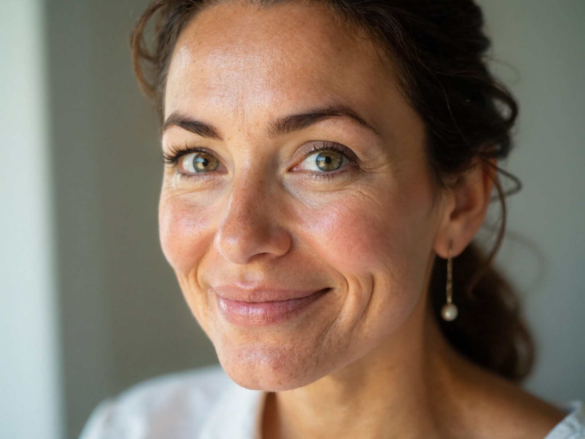 Portrait of woman in her 40s with healthy, well-hydrated skin showing the results of proper hyaluronic acid use during hormonal transitions