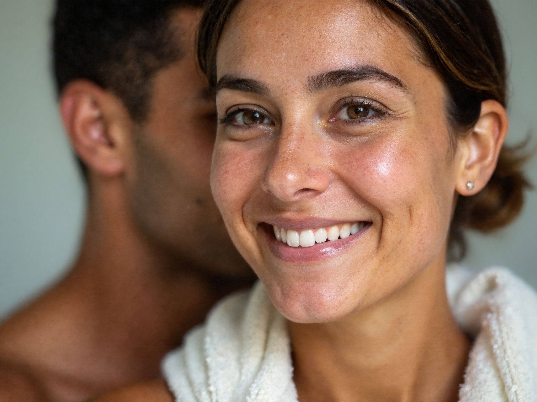 Profile close-up of woman in her late 30s showing clear, healthy skin texture and even tone in natural lighting