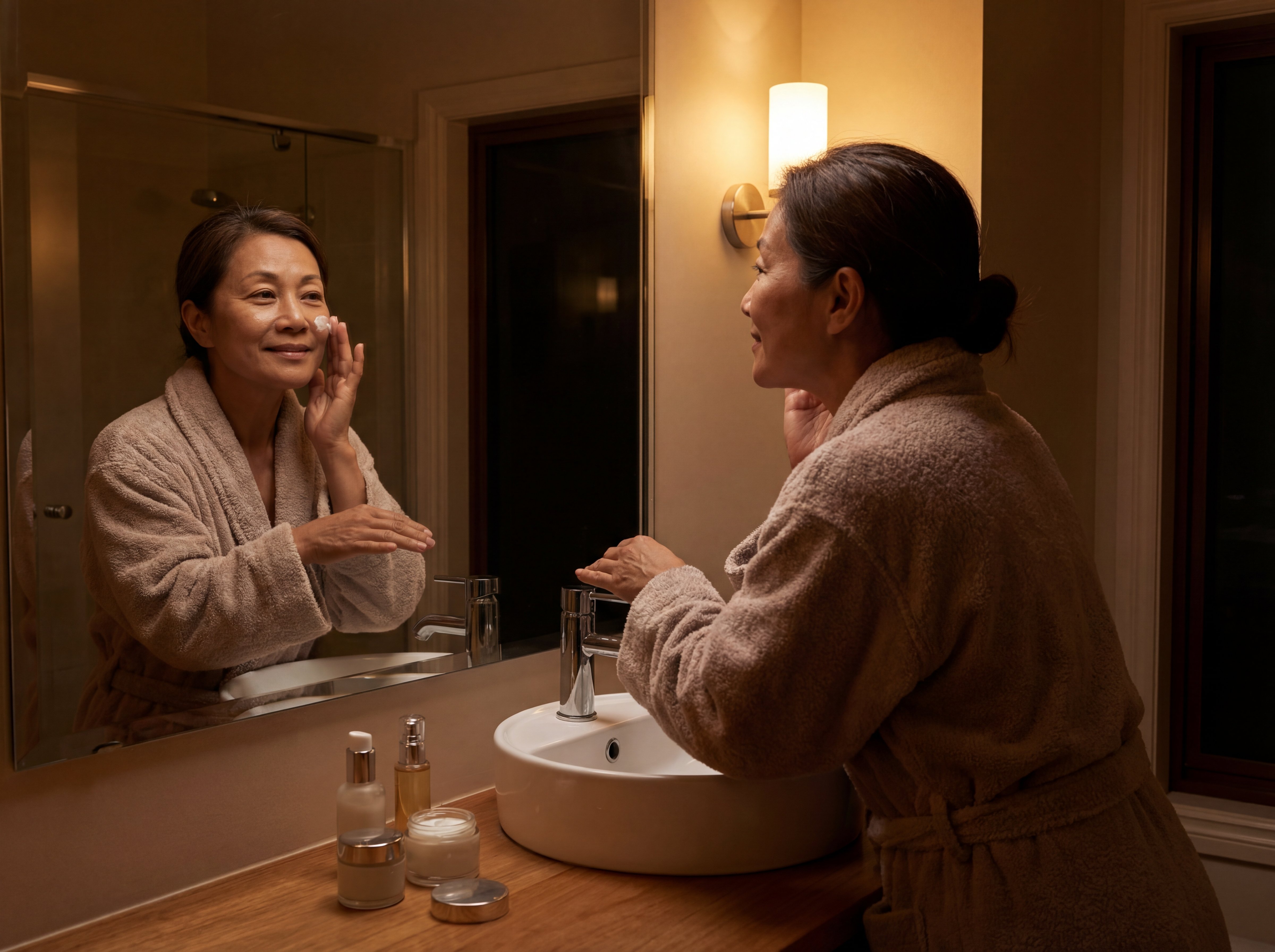 48-year-old Southern European Australian woman with fair skin and average build applying moisturiser to her cheek in a warmly lit bathroom at night, wearing a robe and looking into a mirror with calm confidence