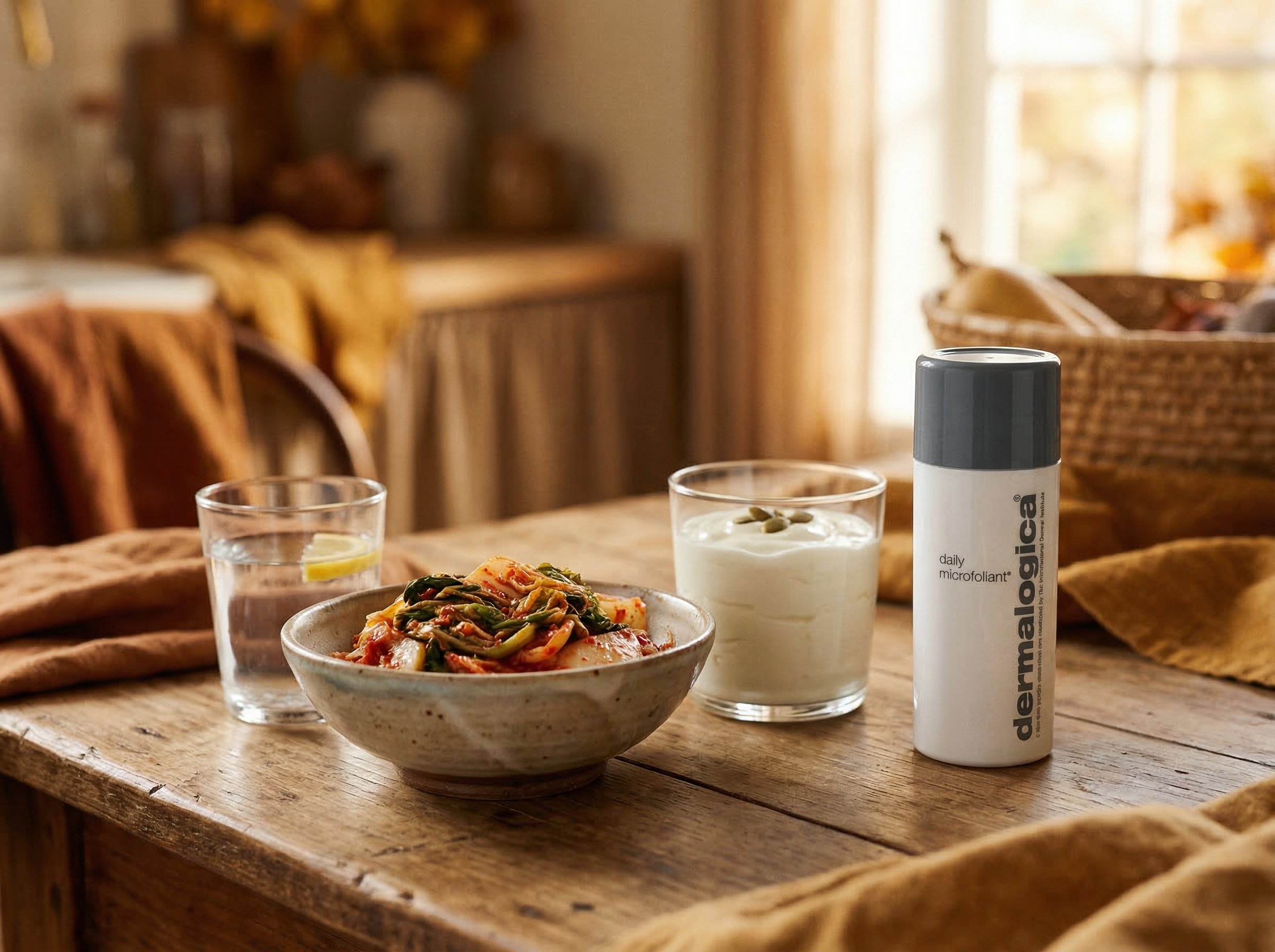 Bowl of kimchi and yoghurt on a wooden kitchen table with a glass of water, warm autumn window light, lifestyle editorial scene
