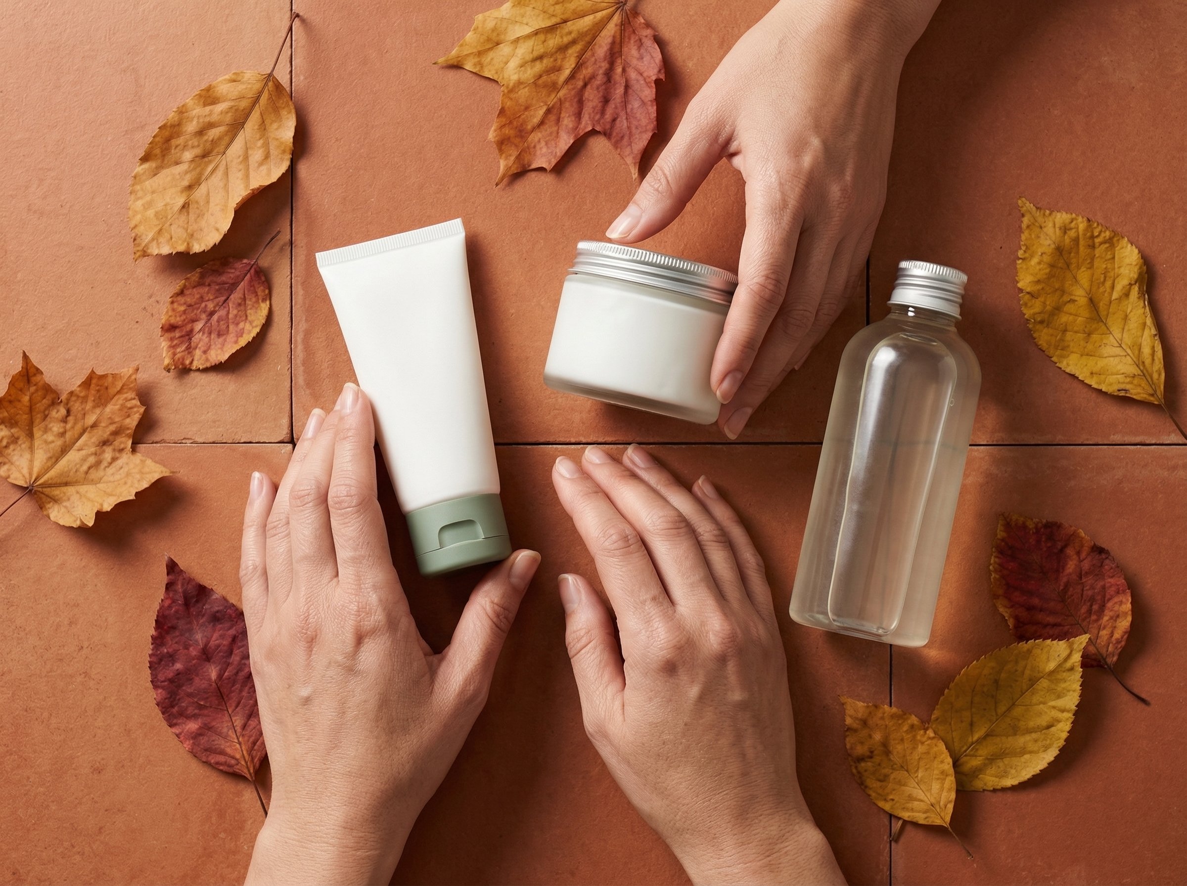 Overhead flat lay of a minimal autumn skincare routine including cleanser, SPF, and moisturiser on a warm terracotta surface with scattered autumn leaves