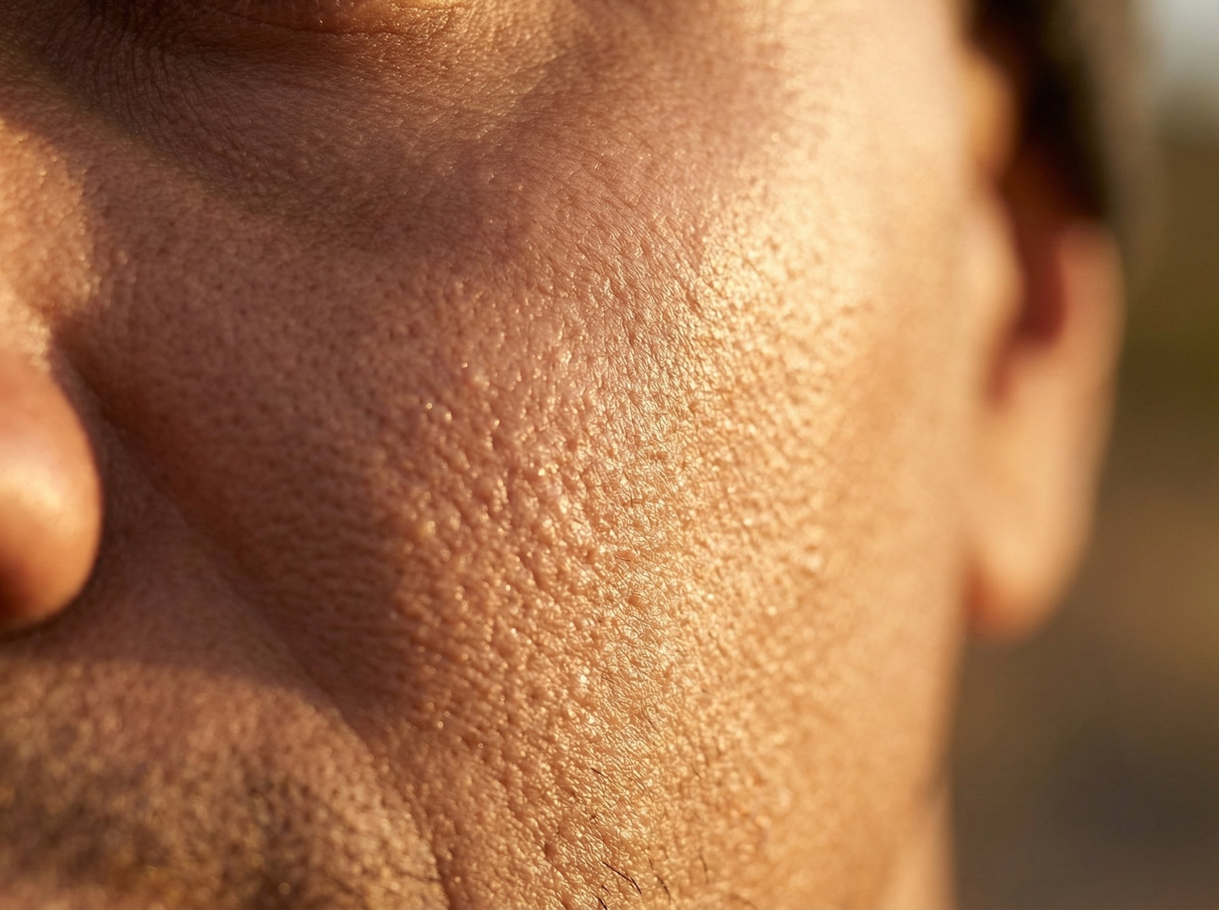 Close-up macro photo of skin surface in warm golden light showing natural texture and density, editorial style