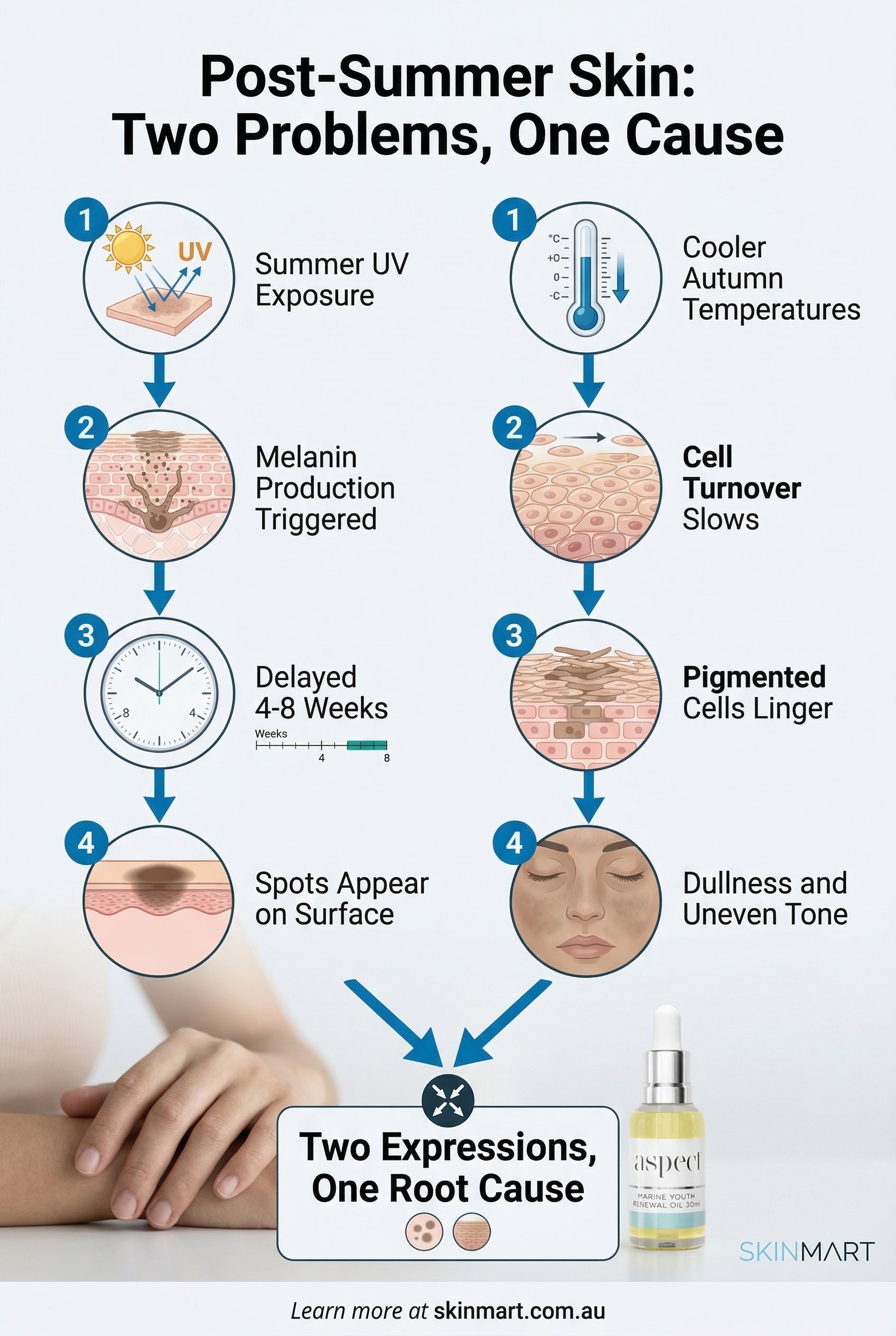 Infographic showing two parallel pathways: left side shows summer UV triggering delayed melanin production appearing weeks later as dark spots; right side shows cooler autumn temperatures slowing cell turnover causing pigmented cells to linger as dullness. Both pathways meet at the label Two Expressions, One Root Cause.