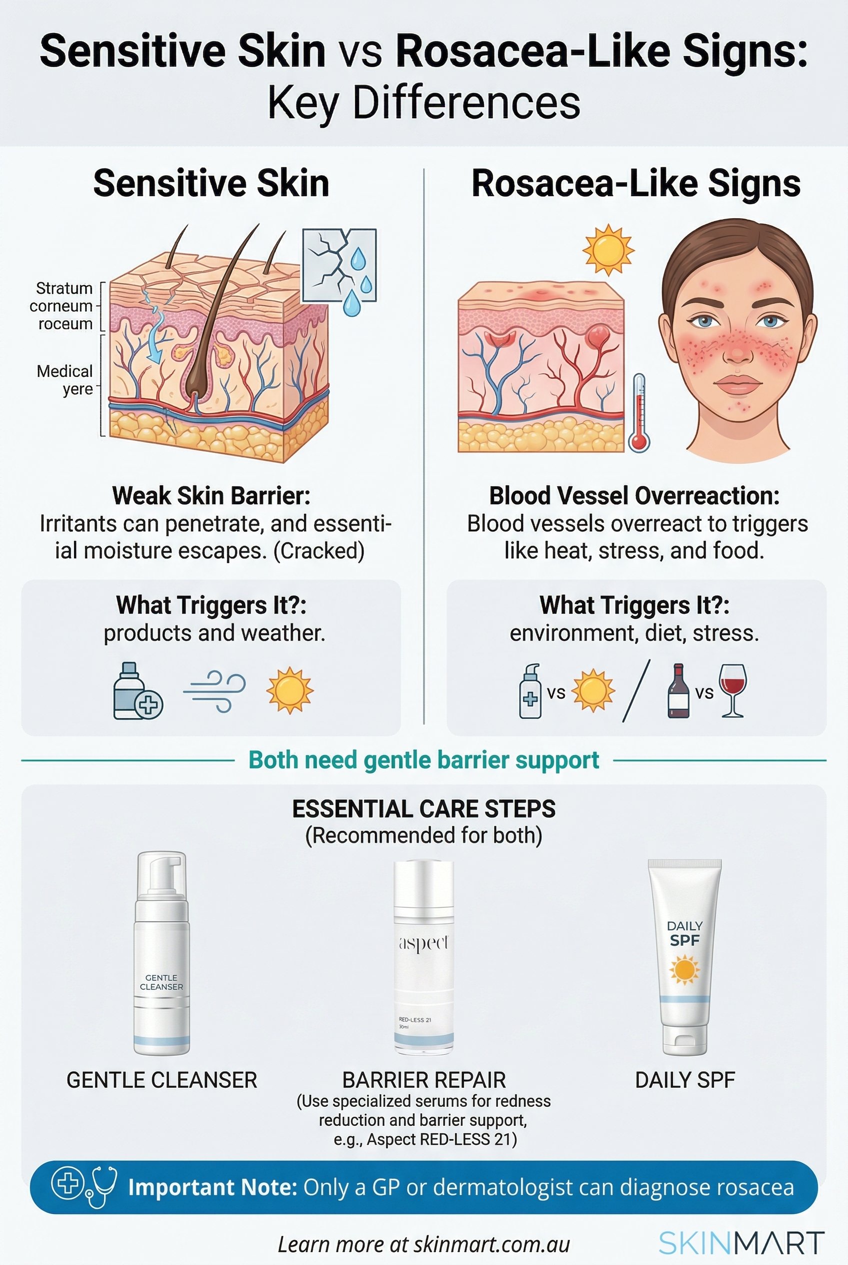 Infographic comparing sensitive skin and rosacea-like signs in two columns. Sensitive skin column shows barrier dysfunction, moisture loss, and product reactions. Rosacea-like signs column shows blood vessel dilation, environmental triggers, and facial flushing. A shared section at the bottom lists three care steps: gentle cleanser, barrier repair, and daily SPF.