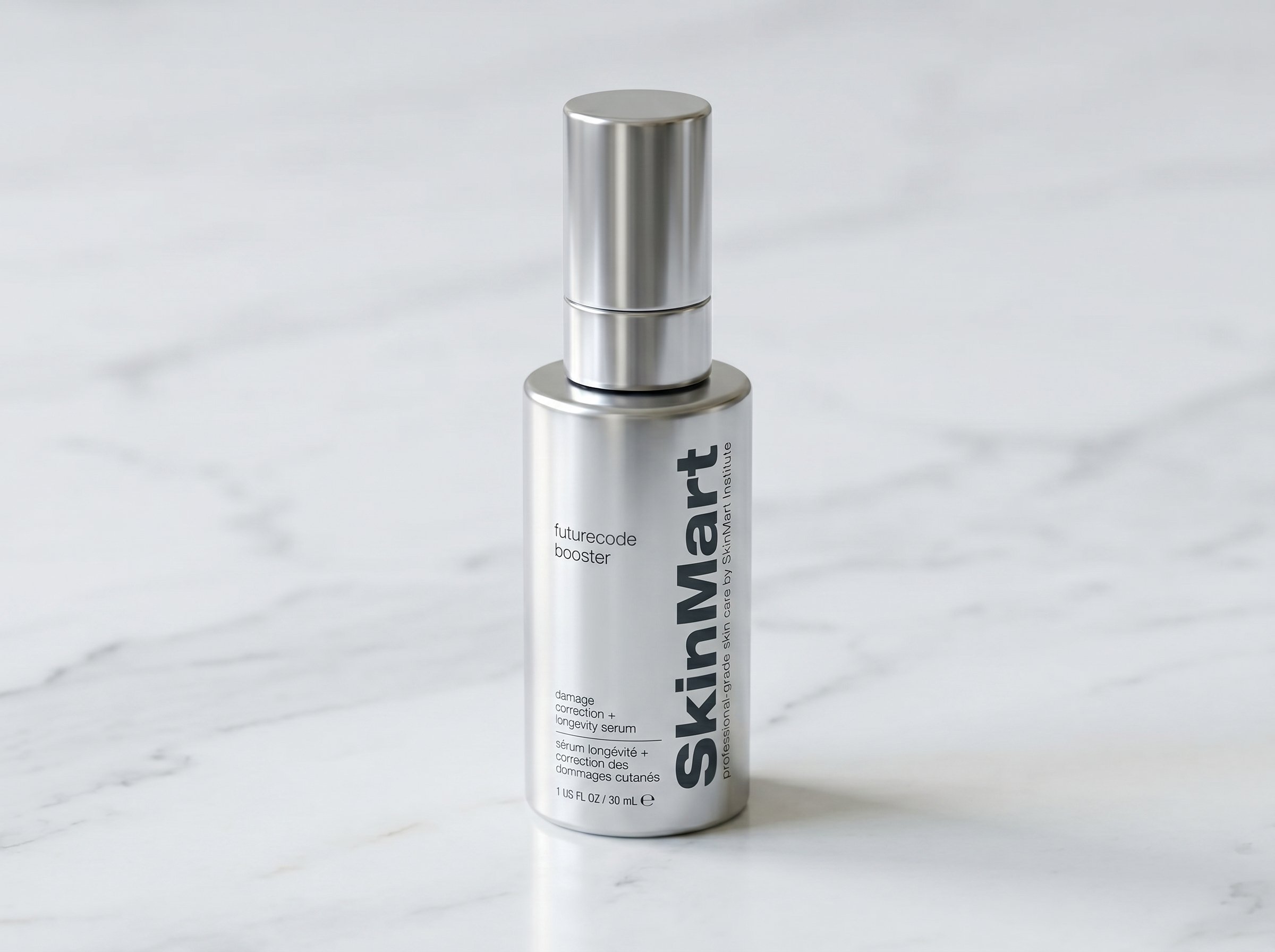Dermalogica FutureCode Booster serum bottle on white marble surface in soft natural light, premium product photography