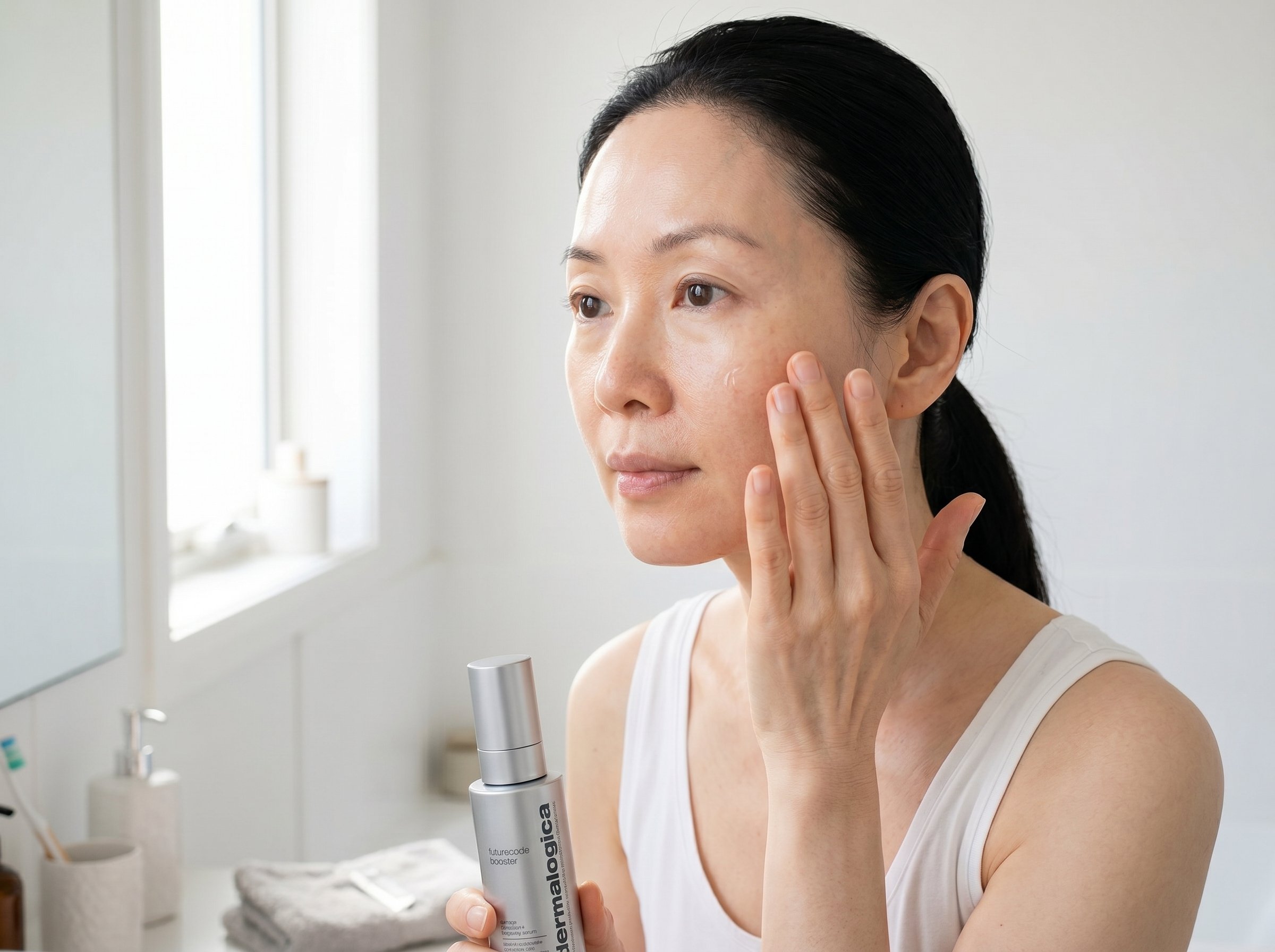 51-year-old East Asian Australian woman with very fair skin and curvy figure applying serum to her face in a bright bathroom with natural side lighting