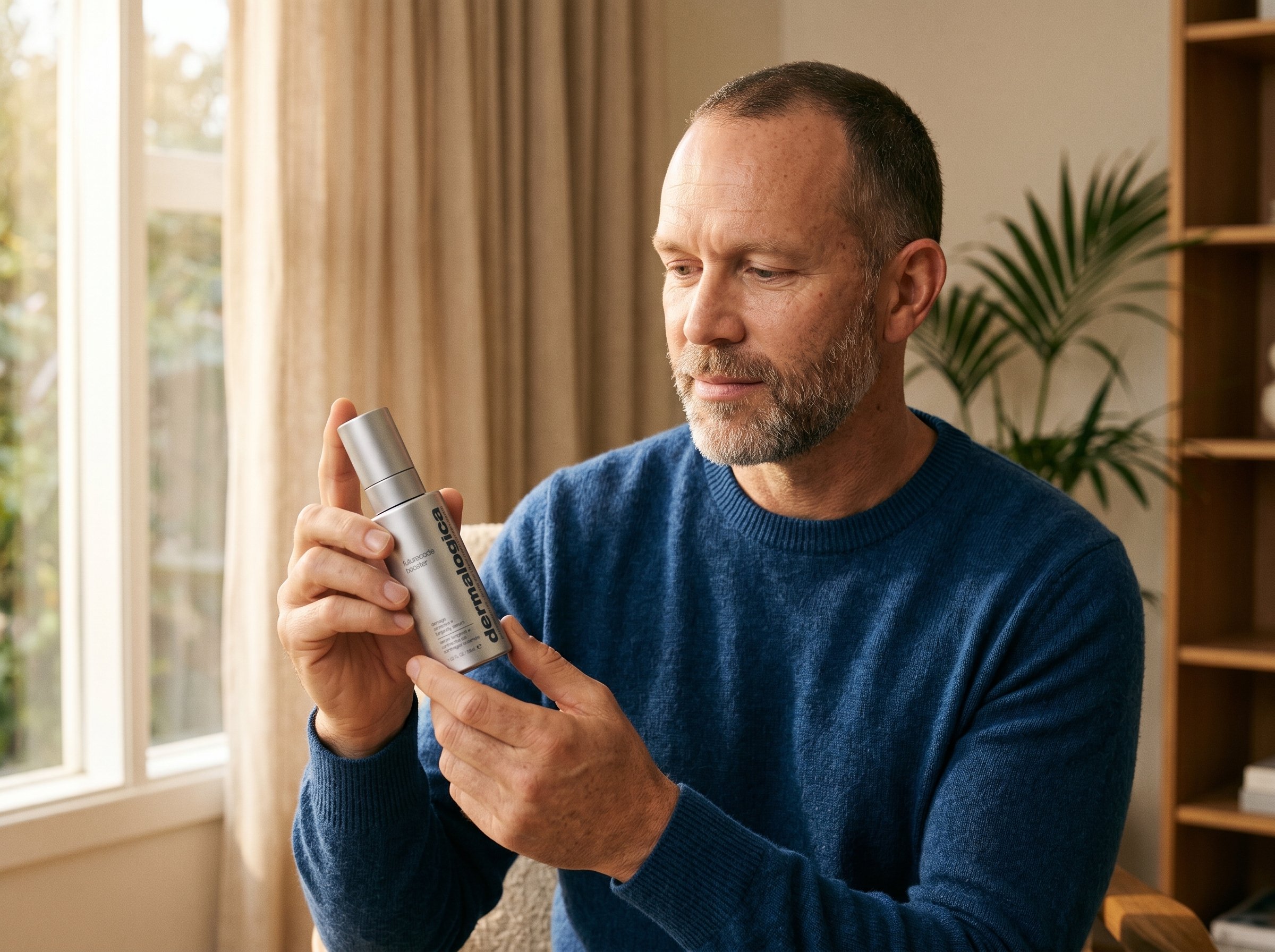 46-year-old African Australian man with fair skin holding a skincare serum bottle in warm natural light, considering his skincare routine