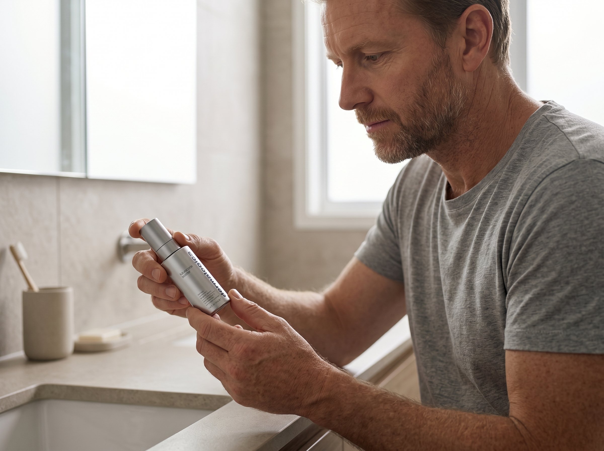 46-year-old Northern European Australian man with fair skin sitting at a bathroom counter reading the label on a skincare serum bottle in soft morning light