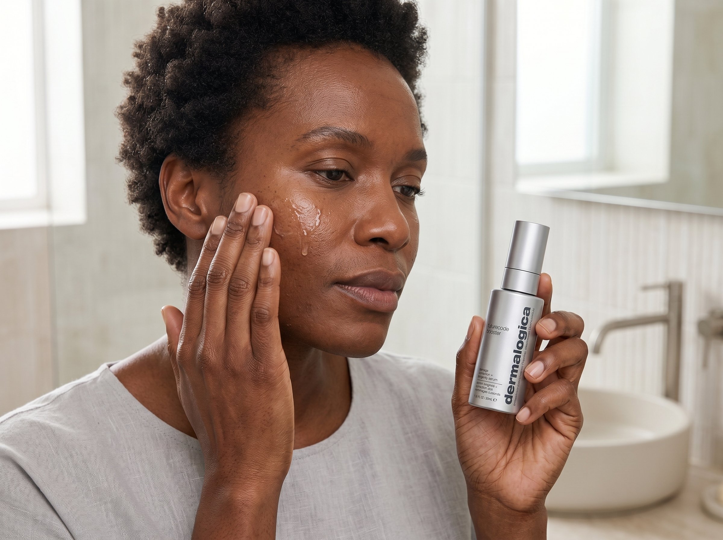 44-year-old African Australian non-binary person with dark brown skin and curvy figure applying a clear serum to their cheek in a bright bathroom