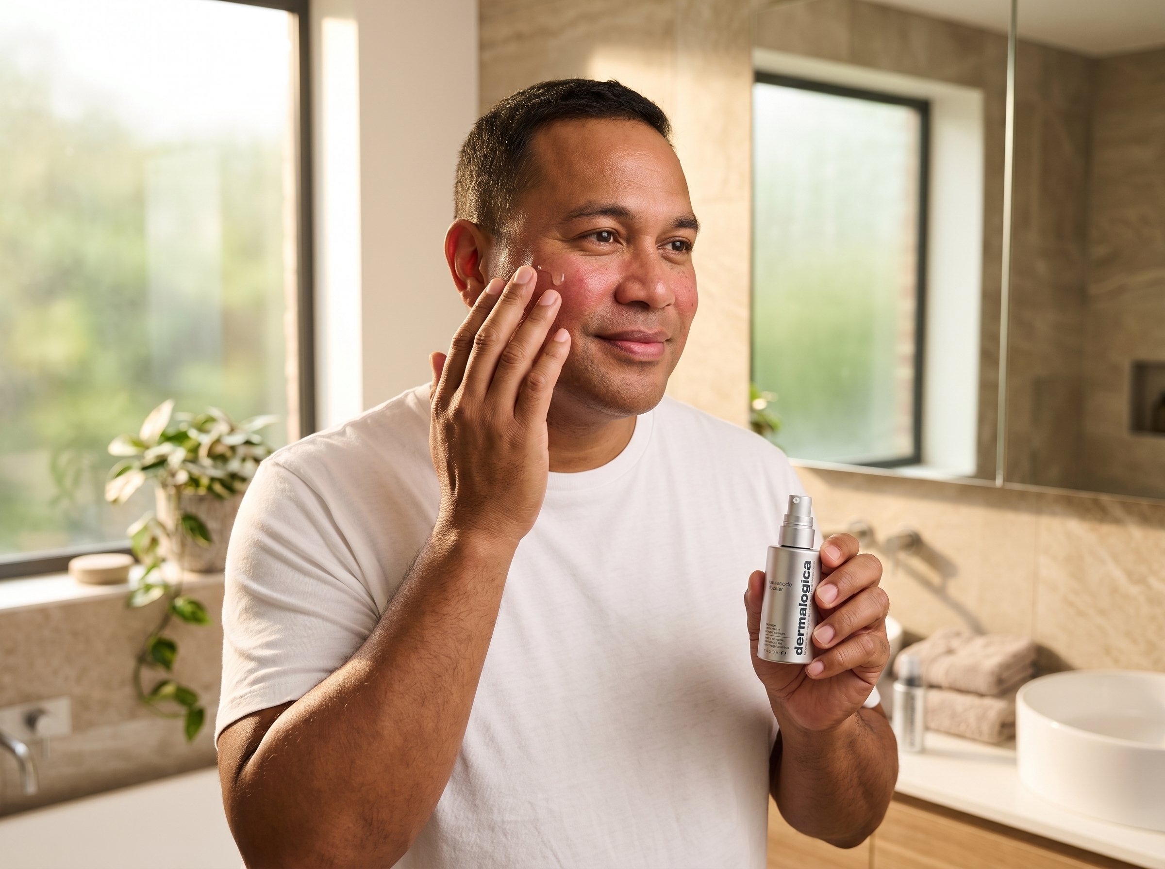 47-year-old Pacific Islander Australian man applying serum to his face in a bright bathroom, warm morning light, relaxed expression