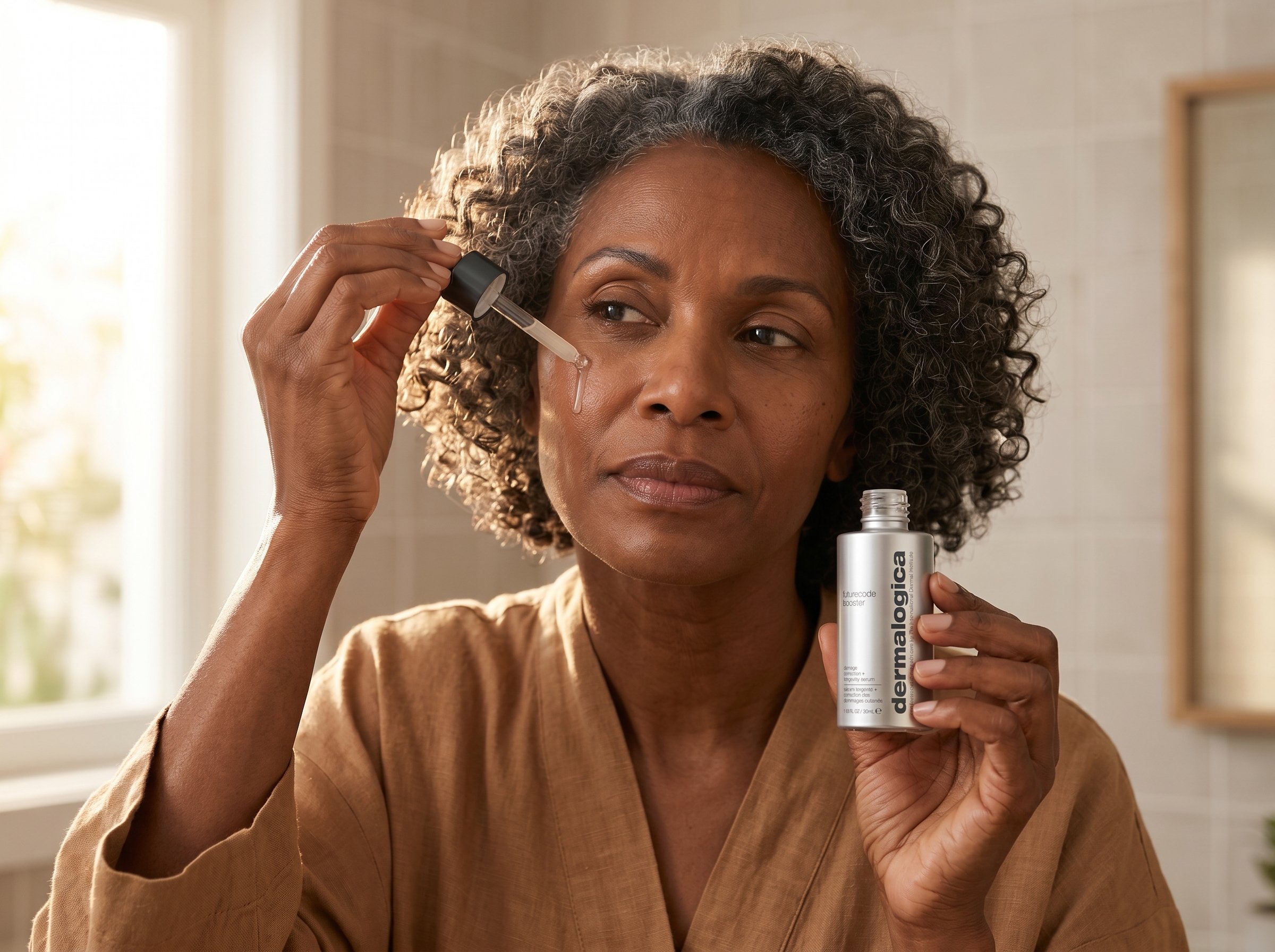 56-year-old Indigenous Australian non-binary person with dark brown skin and curvy figure applying a serum with a dropper bottle to their face in a bright bathroom