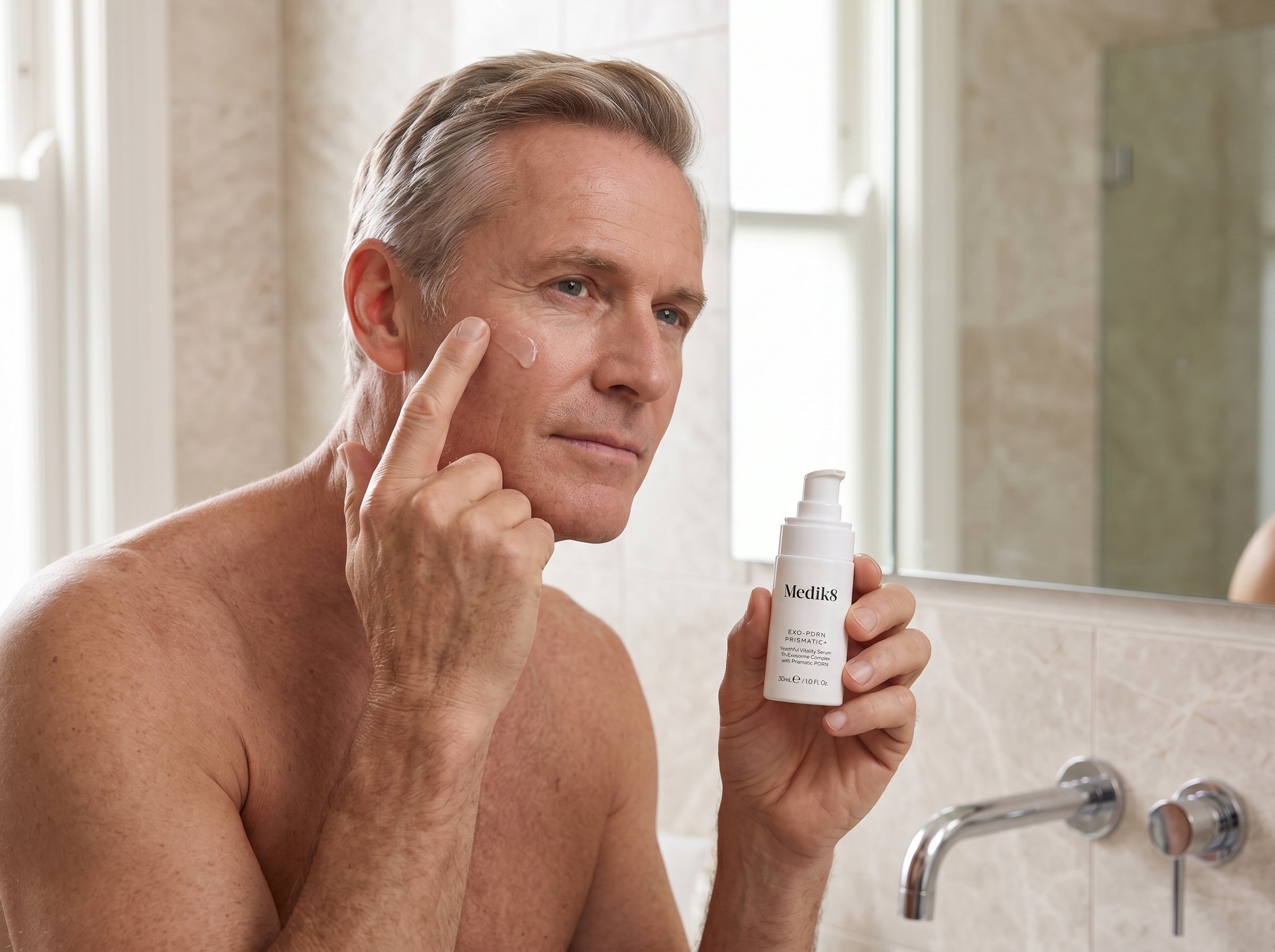60-year-old Northern European Australian man with fair skin applying a clear serum to his cheek in a bathroom with soft morning light