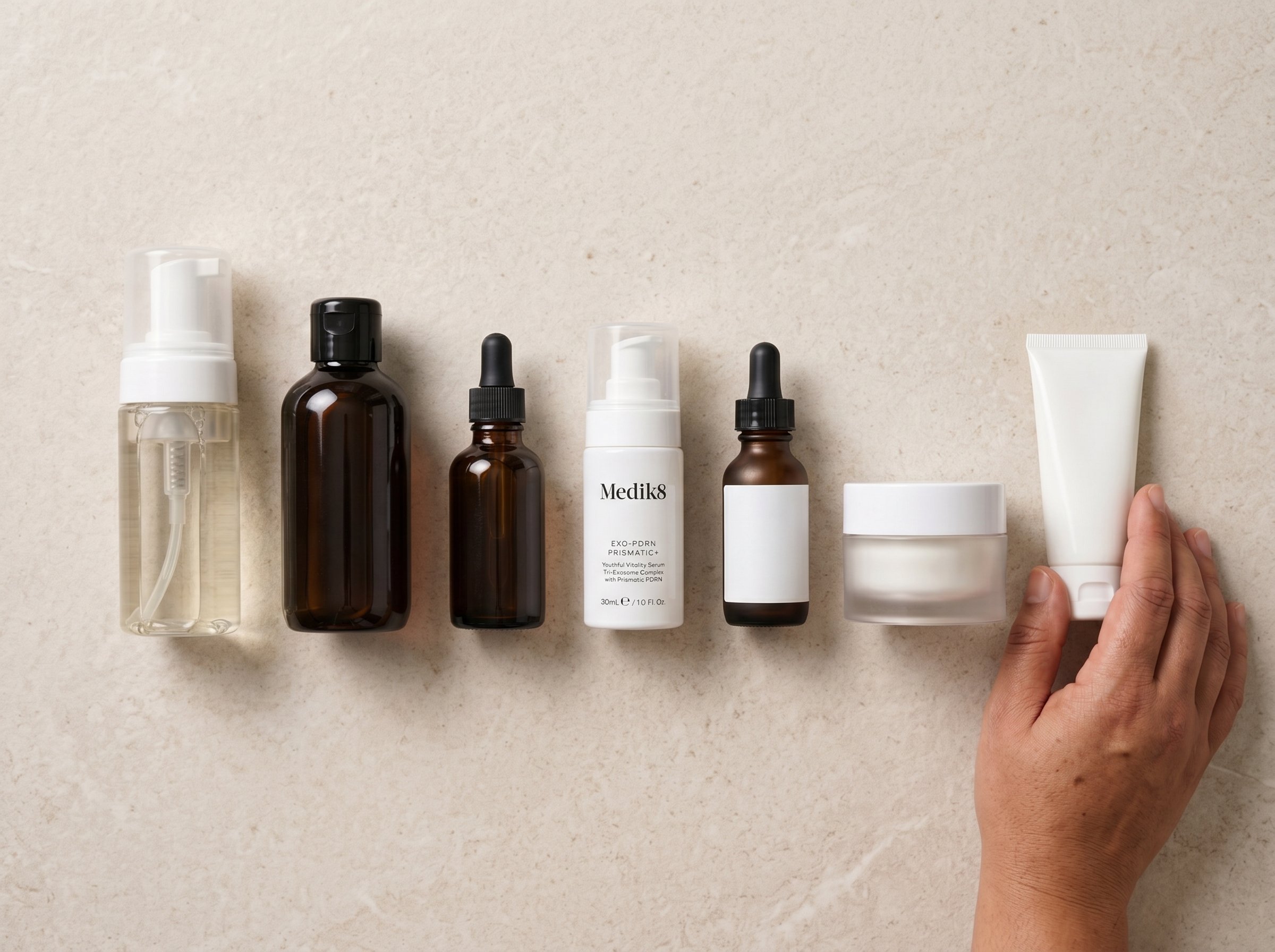 Overhead flat lay of a morning skincare routine arranged in application order on a light stone surface, including serum and SPF