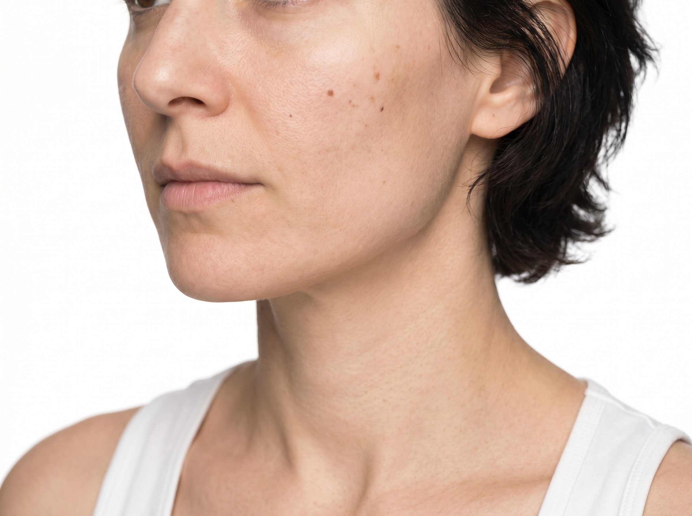 39-year-old Middle Eastern Australian woman with fair skin in a close-up portrait showing subtle uneven skin tone and small dark spots near her cheekbone
