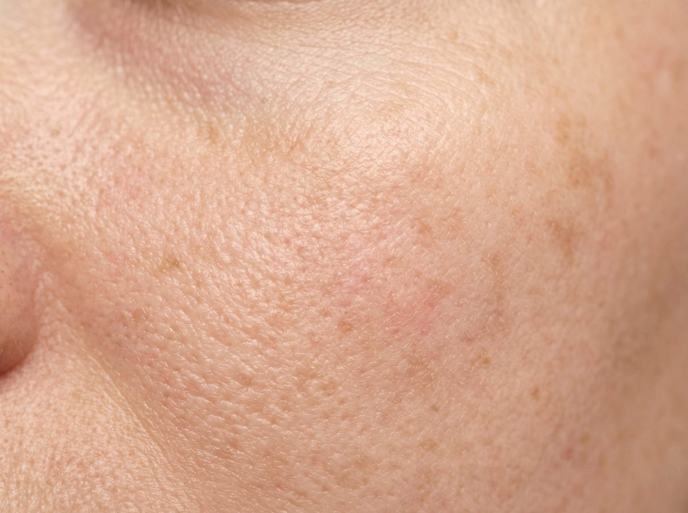 Extreme macro close-up of skin surface showing subtle uneven pigmentation and texture in warm light